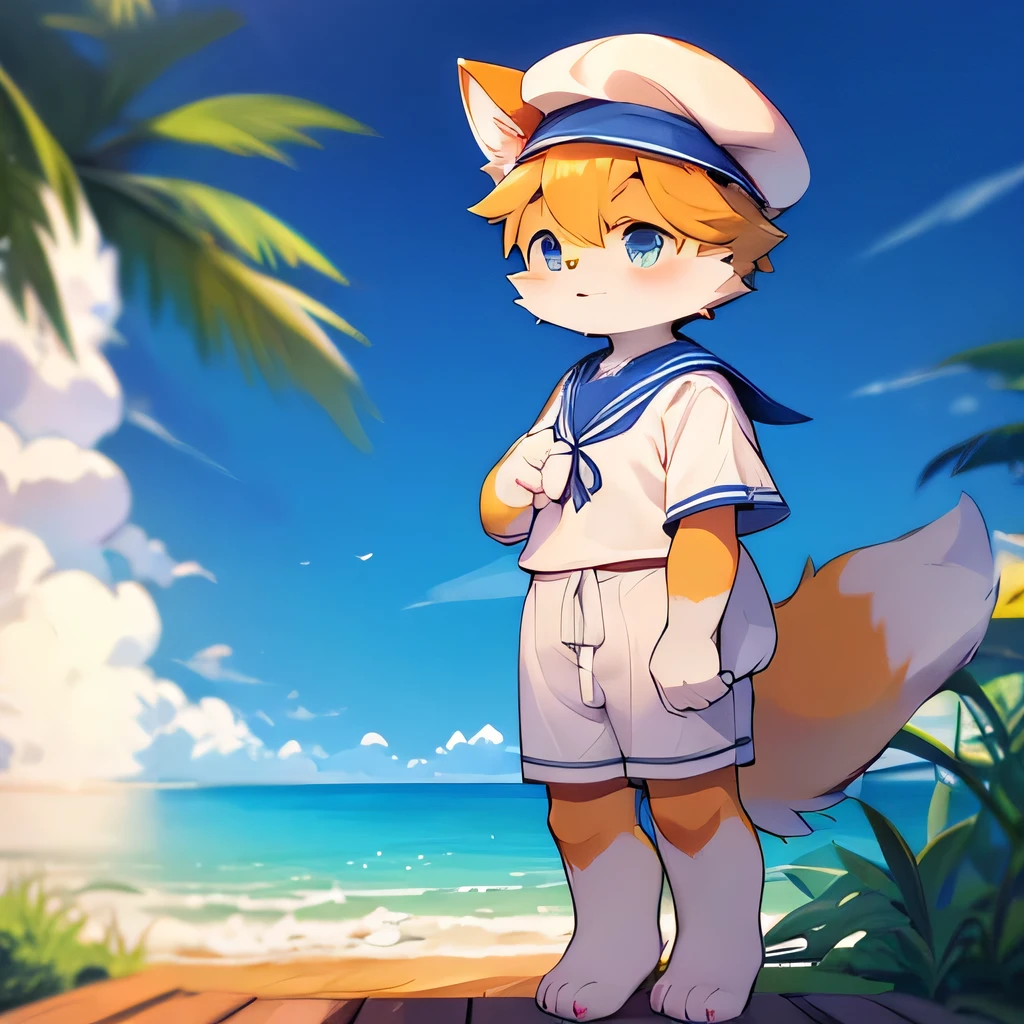 Boat deck，Fox Boy，Male focus，Furry people，Furry Shota，Characteristics of a three-year-old boy，Height 1.6 meters，pupil，Bright Eyes，Sailor hat，White sailor suit，shorts，Not outstanding