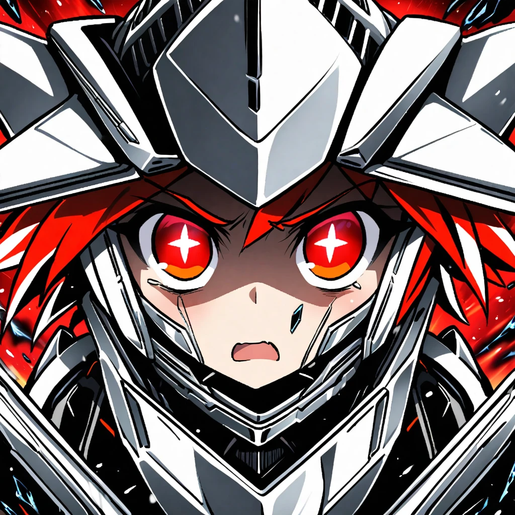 Battle Star Galactica, A cylon raider (shining chrome plates, central menacing red eye) in a cold sterile Cylon space ship, close up on the face. cruel, menacing, dangerous