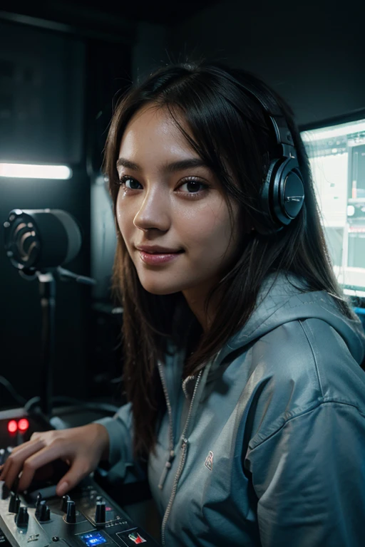 8k, best quality, masterpiece, realistic, ultra detail, photo realistic, hyper realistic, smoother lighting, increase cinematic lighting quality, realistic lighting, backlighting, brightening light, Increase quality, best quality real texture skin, close-up, slender, cute face, smile, beautiful details eyes, 19years old korean, pretty, Drill hair with electric blue color, hood, surrounded by modern DJ equipment in a recording studio