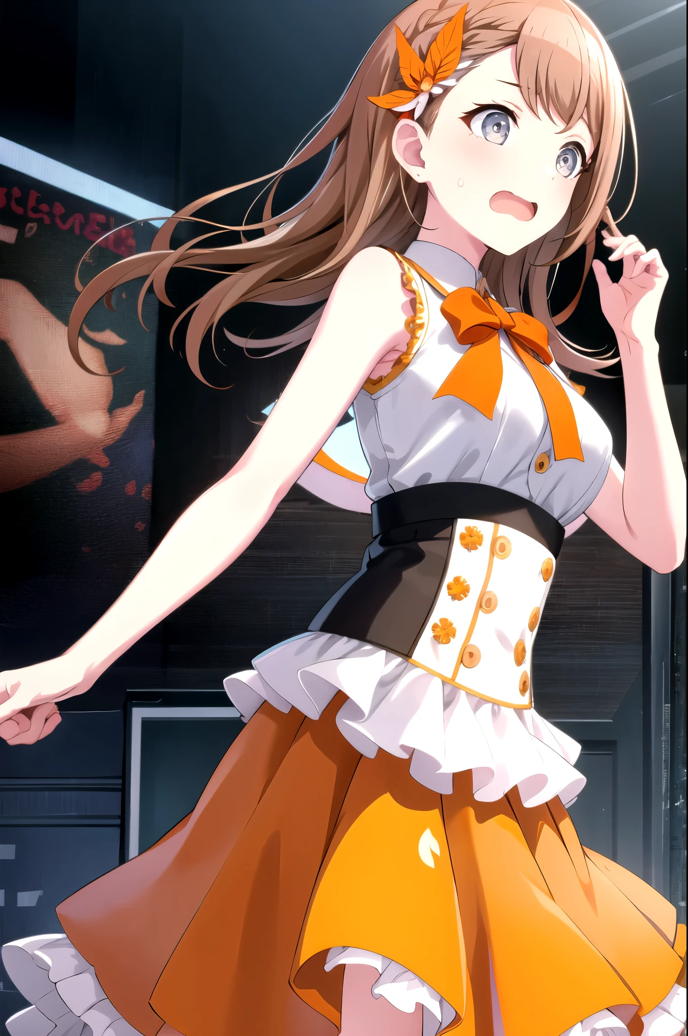 minori3rd, long hair, open mouth, skirt, shirt, hair ornament, dress, bow, ribbon, bare shoulders, medium breasts, white shirt, upper body, braid, sweat, frills, sleeveless, striped, shiny, indoors, sweatdrop, shiny hair, fingernails, hands up, bare arms, neck ribbon, buttons, wavy mouth, feathers, corset, clenched hands, gold trim, wide-eyed, orange bow, dot nose, underbust, hair behind ear, feather hair ornament, orange skirt, nervous, orange ribbon, w arms