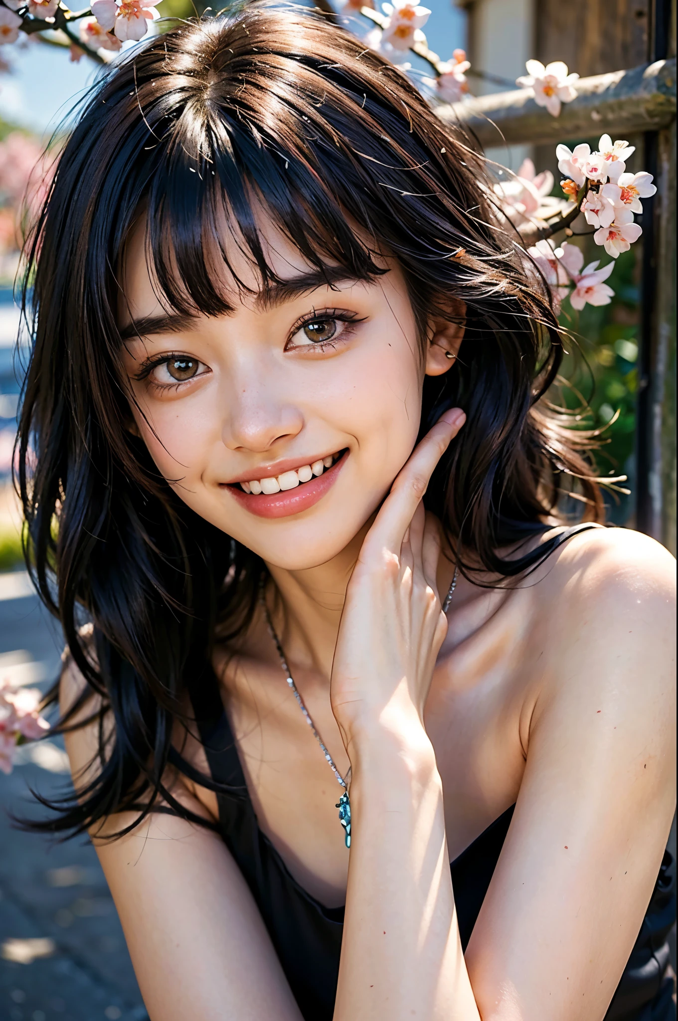 highest quality, masterpiece, Ultra-high resolution, (Realistic:1.6), (Close-up portrait) RAW Photos, 1 girl,22 years old,Big necklace,((I'm showing my teeth and smiling)),((Jet black dress)),((Big smile)),((look up)),((Random cute poses)),,((Sakura-colored hair girl )),((Short bangs)),