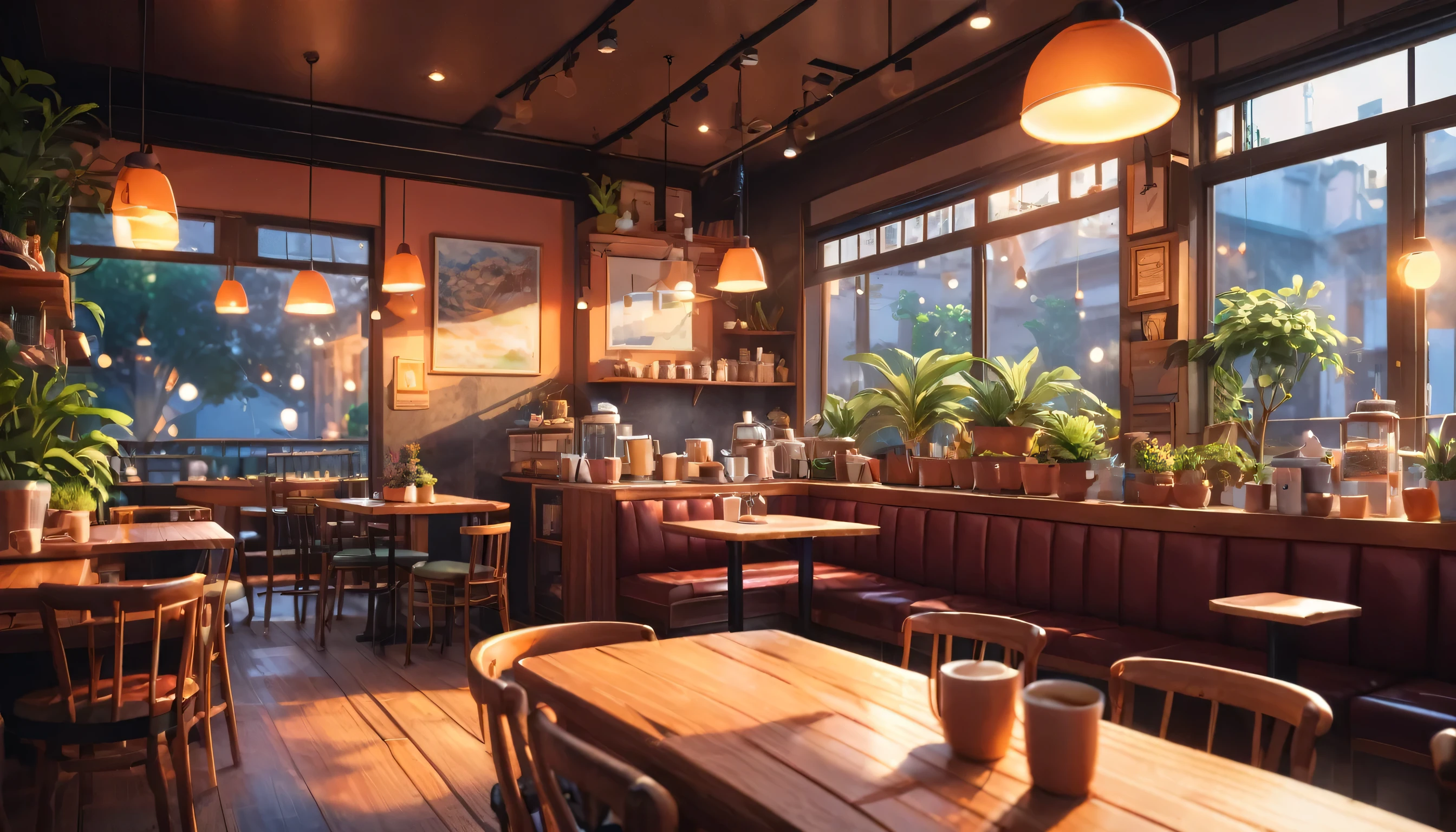 work space ,Anime-style, horizontal, the interior of a coffee shop is illustrated with intricate details and vibrant colors. Delicate steam rises from the hot coffee cup on the table, seats are with soft cushions, a lot of potted plants, adding to the cozy and inviting atmosphere. Soft lighting casts a warm and beautiful glow over the dreamy scene, it's evening time, making it an ideal place to unwind and escape reality. (Prompt B and C) Anime-style coffee shop interior, hot coffee steaming on the table, creating a cozy, beautiful and dreamy ambiance. (High resolution, 8k) Very detailed anime illustration of a coffee shop interior, showcasing a hot cup of coffee on a table, evoking a warm and cozy