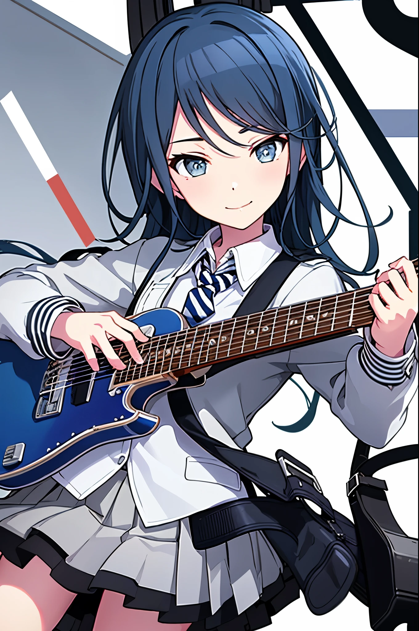 ichika3rd, looking at viewer, smile, skirt, , shirt, long sleeves, holding, closed mouth, , blue hair, jacket, white shirt, upper body, pleated skirt, open clothes, necktie, striped, collared shirt, nail polish, open jacket, fingernails, blazer, red necktie,  instrument, tsurime, outline, grey jacket, guitar, white outline, striped necktie, holding instrument, diagonal stripes, electric guitar, diagonal-striped necktie