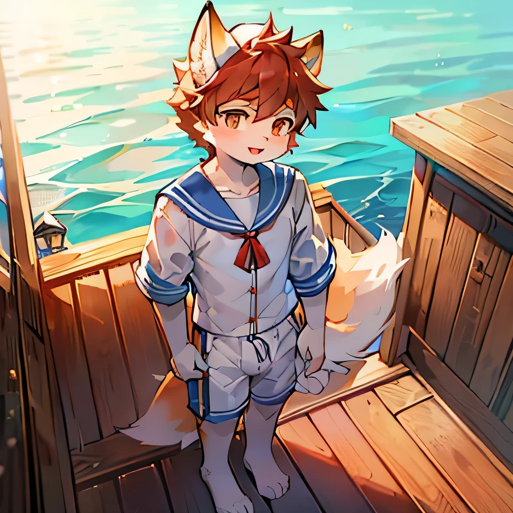 Boat deck,Fox Boy,Male focus,Furry people,Furry Shota,Characteristics of a -year-boy,Hht 1.6 meters,pupil,Bright Eyes,Sailor hat,White sailor suit,shorts,Not outstanding
