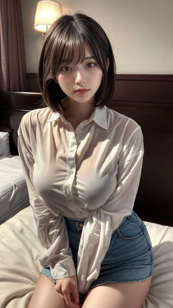 masterpiece, best quality, illustration, Super detailed, fine details, High resolution, 8K,wall paper, perfect dynamic composition,(Details High quality, realistic depiction of eyes:1.3), oversized judo uniform white, sitting, open legs, short bob hair, in a hotel room in the background, large breasts, black hair color, Big Natural Color Lip, (perfect body shape), crying a little、Harajuku style、20 year old girl、cute type、beautiful legs, Gravure Idol