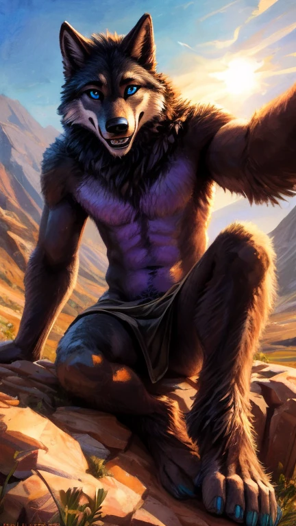 Sunlight, masterpiece, high quality,（whole body）， （teenagerfurry）,（hairy）, teenager, black Wolf, Black tail hairstyle,Purple eyebrows，Blue eyes，Purple Iris Works, Have muscles, Detailed hands, Detailed feet，（Bigfoot），Black back，Purple belly，Black Arm，Black legs，Purple Chin，Purple Neck，teal blue nails，Delicate face, Exquisite eyes, Detailed body, Flat body, Skinny,（Confident smiling emoticon），（（Showing wolf teeth））， paw, high resolution,  No shirt, No underwear, Natural background，daytime,  big eyes, Slim，（（Look directly at the camera））,Kenket&#39;s Art