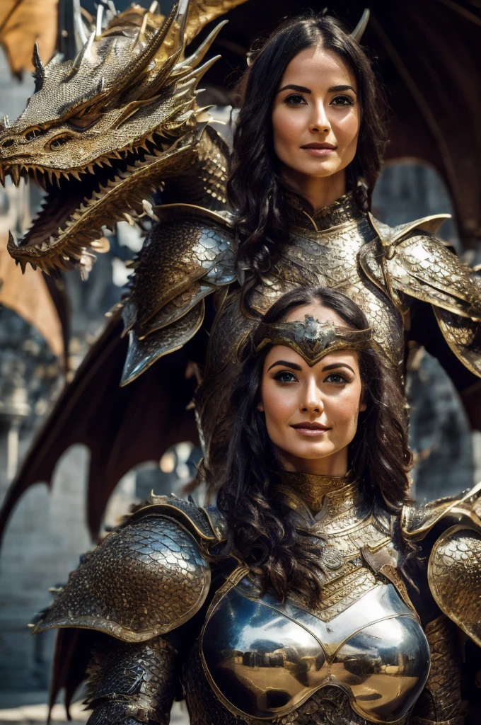 best quality, 8k, highly detailed face and skin texture, high resolution, sexy woman in armor stand with dragon in front of the palace, full body, sharp focus