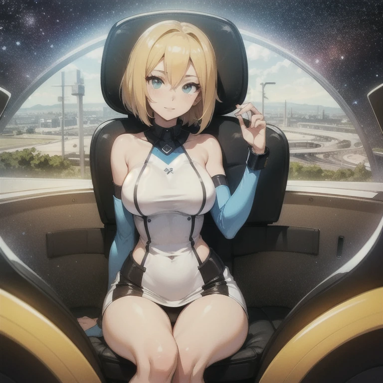 A blond young sexy woman with short hair and hot clothes sits on a seat in a spaceship and the window can show beautiful stars,futurama style