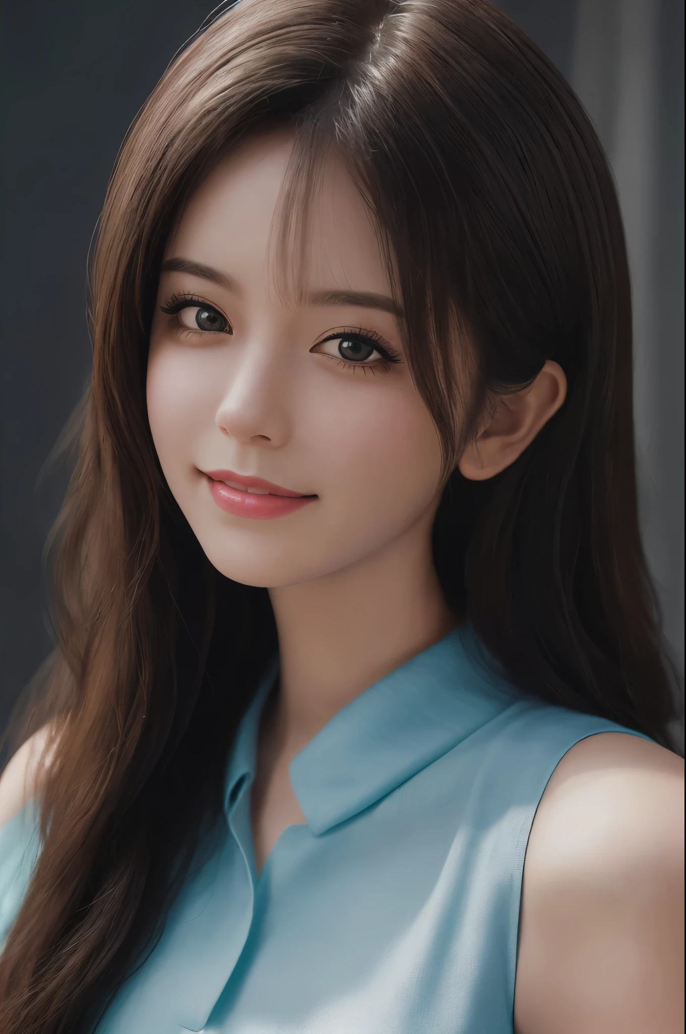close-up portrait of a girl, fair skin, deep expressive eyes, sweet smile, soft lighting, blurred background, best quality, high resolution, ultra-detailed, realistic, portraits, vivid colors, studio lighting