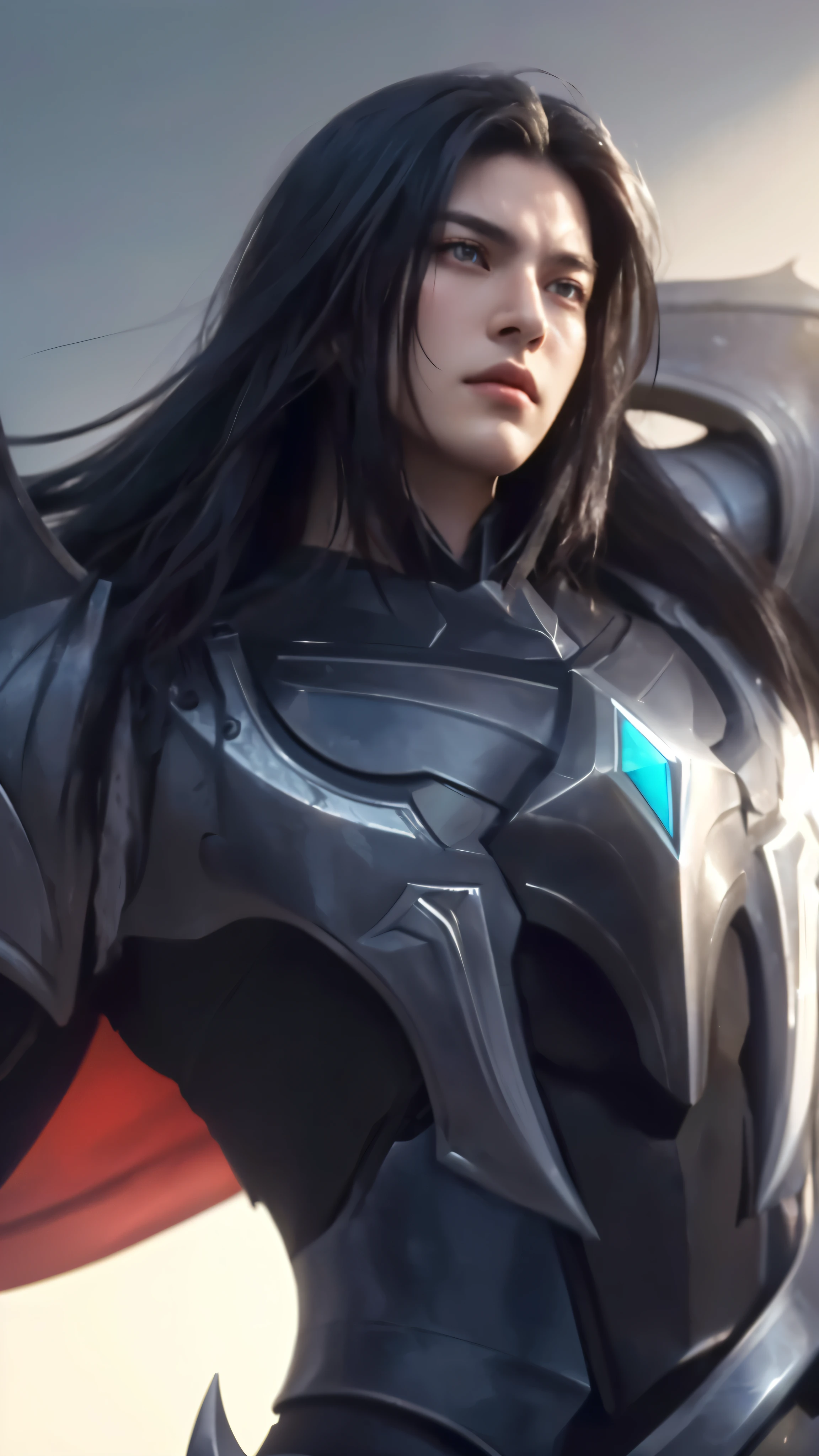 a handsome male knight with black long hair,detailed armor, highly detailed facial features, pale skin, piercing eyes, chiseled jawline, strong muscular body, dynamic action pose, dramatic lighting, cinematic composition, digital painting, concept art, photorealistic, 8k, highest quality, masterpiece, looking at the audience, manly, boy, male