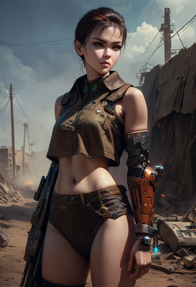 A highly detailed and realistic skull girl, cyberpunk character, mad max furiosa, one hand robot, cyborg arm, orange hair, dramatic metal heavy rock theme, best quality, 8k, hyperrealistic, photorealistic, extreme detailed painting, studio lighting, vivid colors, dark moody atmosphere, cinematic, dramatic pose, intricate mechanical details, glowing energy effects, intense gritty textures, seamless integration of organic and inorganic elements. Wearing the used clothes of a wastelander. Background: An apocalyptic wasteland. Dusty and depressing.