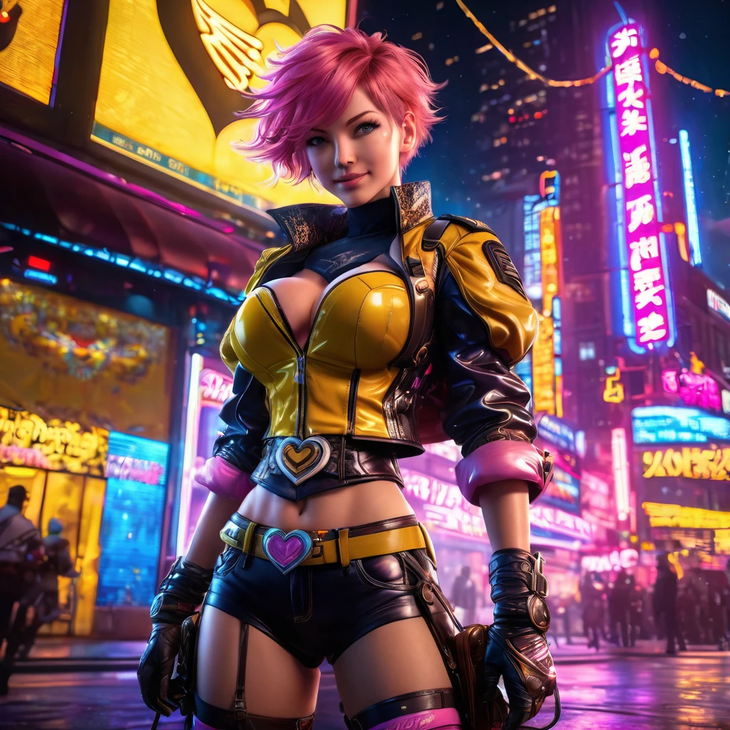 1 topless girl,cowboy shot, beautiful nora_valkyrie, looking at viewer, smile, short hair, blue eyes,heart cutout, gloves, jacket, pink skirt, pink belt, short sleeves, puffy sleeves, single armband, fingerless gloves, orange hair, pink gloves, dynamic pose, night, outdoors, city, (volumetric lighting), best quality, masterpiece, intricate details, tonemapping, sharp focus, hyper detailed, trending on Artstation, yellow panties