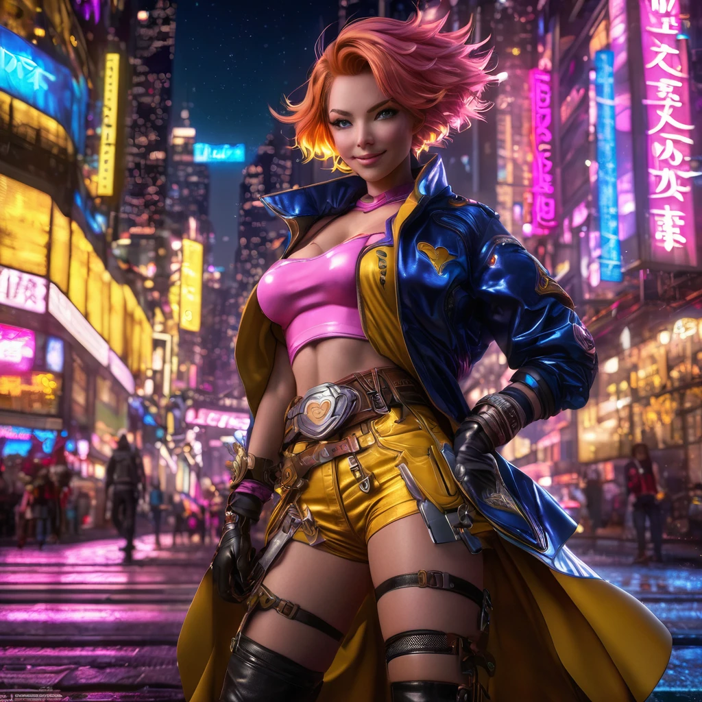 1 topless girl,cowboy shot, beautiful nora_valkyrie, looking at viewer, smile, short hair, blue eyes,heart cutout, gloves, jacket, pink skirt, pink belt, short sleeves, puffy sleeves, single armband, fingerless gloves, orange hair, pink gloves, dynamic pose, night, outdoors, city, (volumetric lighting), best quality, masterpiece, intricate details, tonemapping, sharp focus, hyper detailed, trending on Artstation, yellow panties