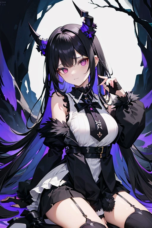 a gorgeous woman with long straight black hair with a purple inner side, decorated with two symmetrical horns that have a purple internal layer covered with a black one, the horns are also decorated with black flowers, she has dark purple eyes with demon-like pupils, a cocky smirk, beautiful detailed facial features, a striped shoulderless white shirt decorated with a black bow and a ruffled collar, the sleeves are covered with black fabric and resemble feathers at the edges, she wears black fingerless gloves, a sleeveless layered coat tied together with three crossed belts below her chest, asymmetrical high boots, sitting menacingly in a tree, best quality, 8k, ultra detailed, masterpiece, fantastic atmosphere