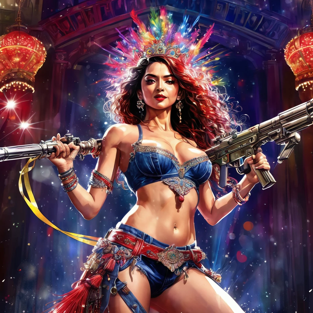 Best quality, masterpiece, super detailed high resolution, (realistic: 1.4), watercolor style, illustration, dazzling background color, 1 topless Girl Holding Weapon, (Solo Exhibition: 1.2), (Denim Lens: 1.2), (Hair Crown: 1.2), No Straps, (Red Eyeliner: 1.2), Earrings, Dynamic Angle, Opera House, messy_long_hair, Ink, Movie Lights, lens_flare, Velvet, Chrysanthemum, Tassels, Ribbons, Color Embroidery, topless
