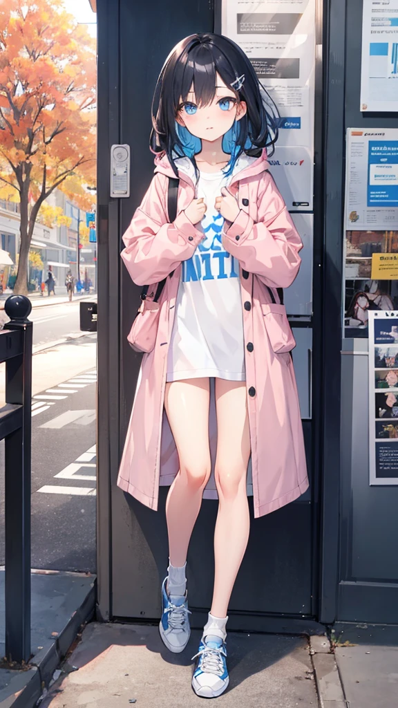 Small chest,masterpiece,best quality,official art,extremely detailed CG unity 8k wallpaper,day,in autumn,game_cg,huge_filesize,Chinese,bishoujo,hair over shoulder,black hair,,beautiful detailed eyes,blue eyes,sparkling eyes,shoes,mall,high-school student,streaked hair(blue),Grey long T-shirt,Light pink coat,Black socks,sneakers,Long straight hair