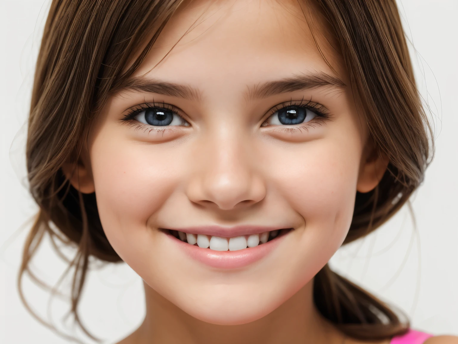 young girl smiling in front od the camera, vivid colors and ultra-HD quality, white background.