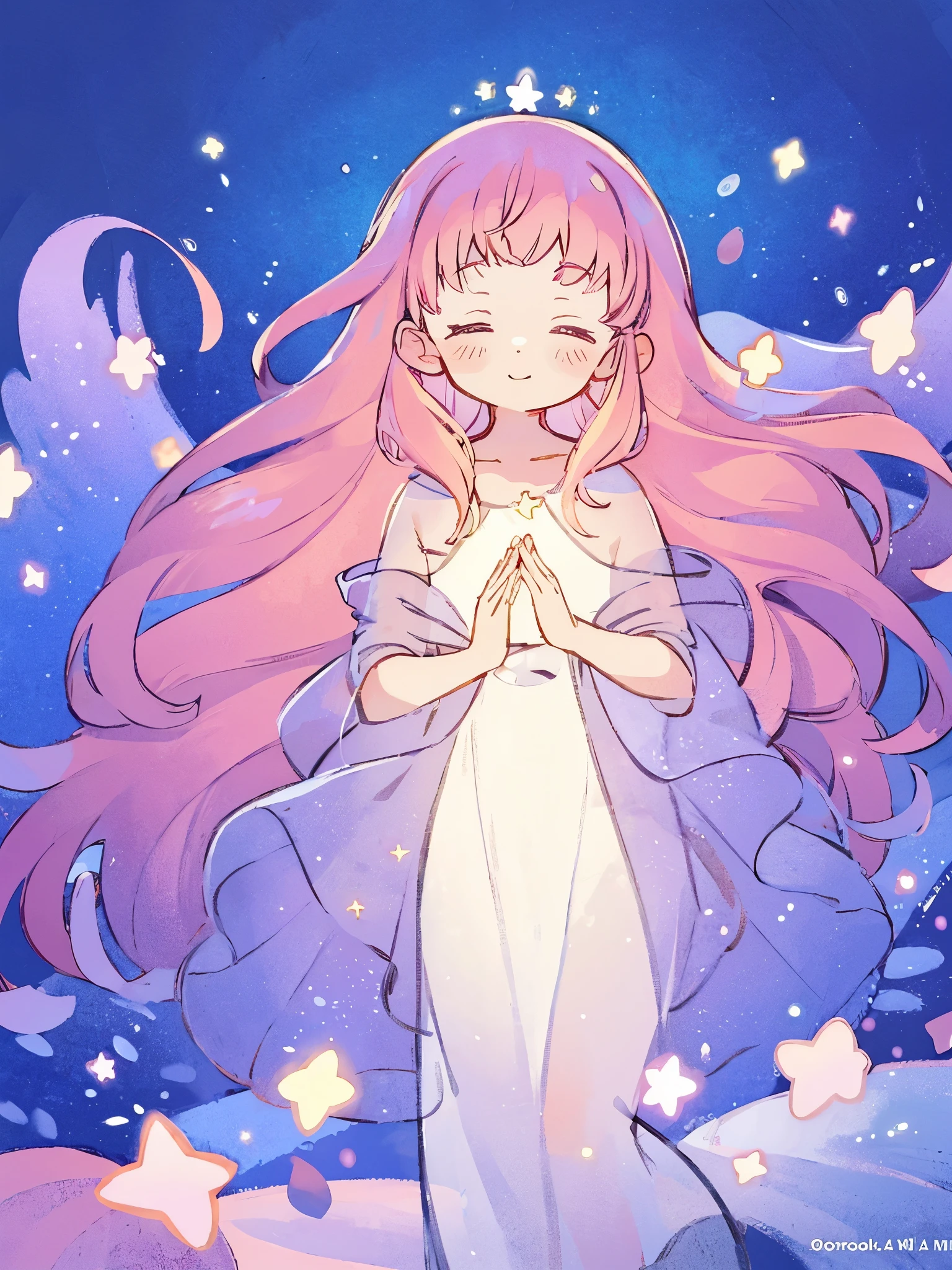 complex background, wishing star background, a woman wearing an ethereal mystical pink translucent dress that reflects the stars, perfume promo art, mystic, complex drawing, highly detailed, Covergirl brand, promo art, artistic rendition, ethereal, starry night, midjourney style