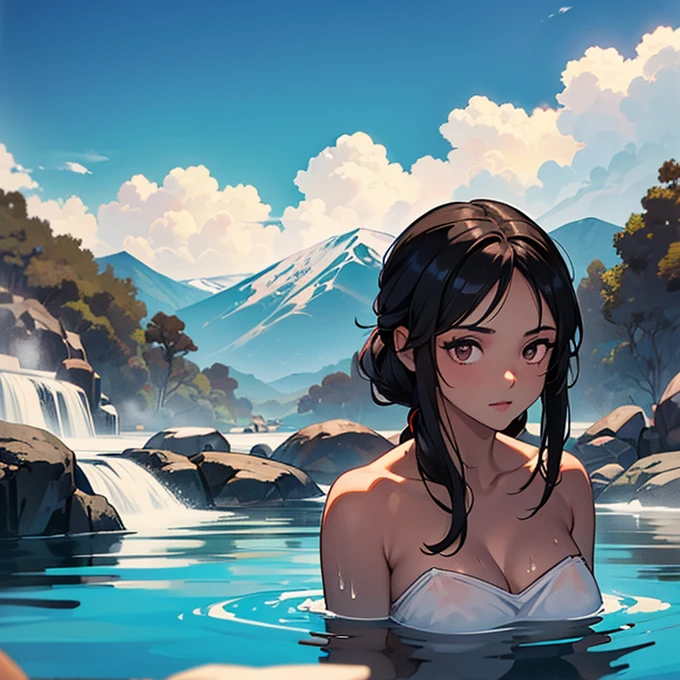 ((Una chica de piel morena y cabello negro y una chica de baja estatura y de cabellos blancos)) ((In a hot spring river))