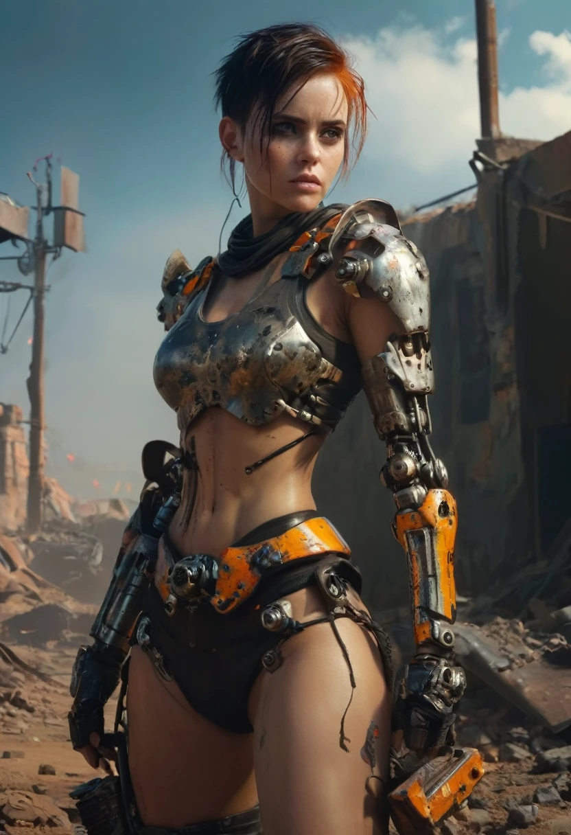 A highly detailed and realistic skull girl, cyberpunk character, mad max furiosa, one hand robot, cyborg arm, orange hair, dramatic metal heavy rock theme, best quality, 8k, hyperrealistic, photorealistic, extreme detailed painting, studio lighting, vivid colors, dark moody atmosphere, cinematic, dramatic pose, intricate mechanical details, glowing energy effects, intense gritty textures, seamless integration of organic and inorganic elements. Wearing the used clothes of a wastelander. Background: An apocalyptic wasteland. Dusty and depressing.