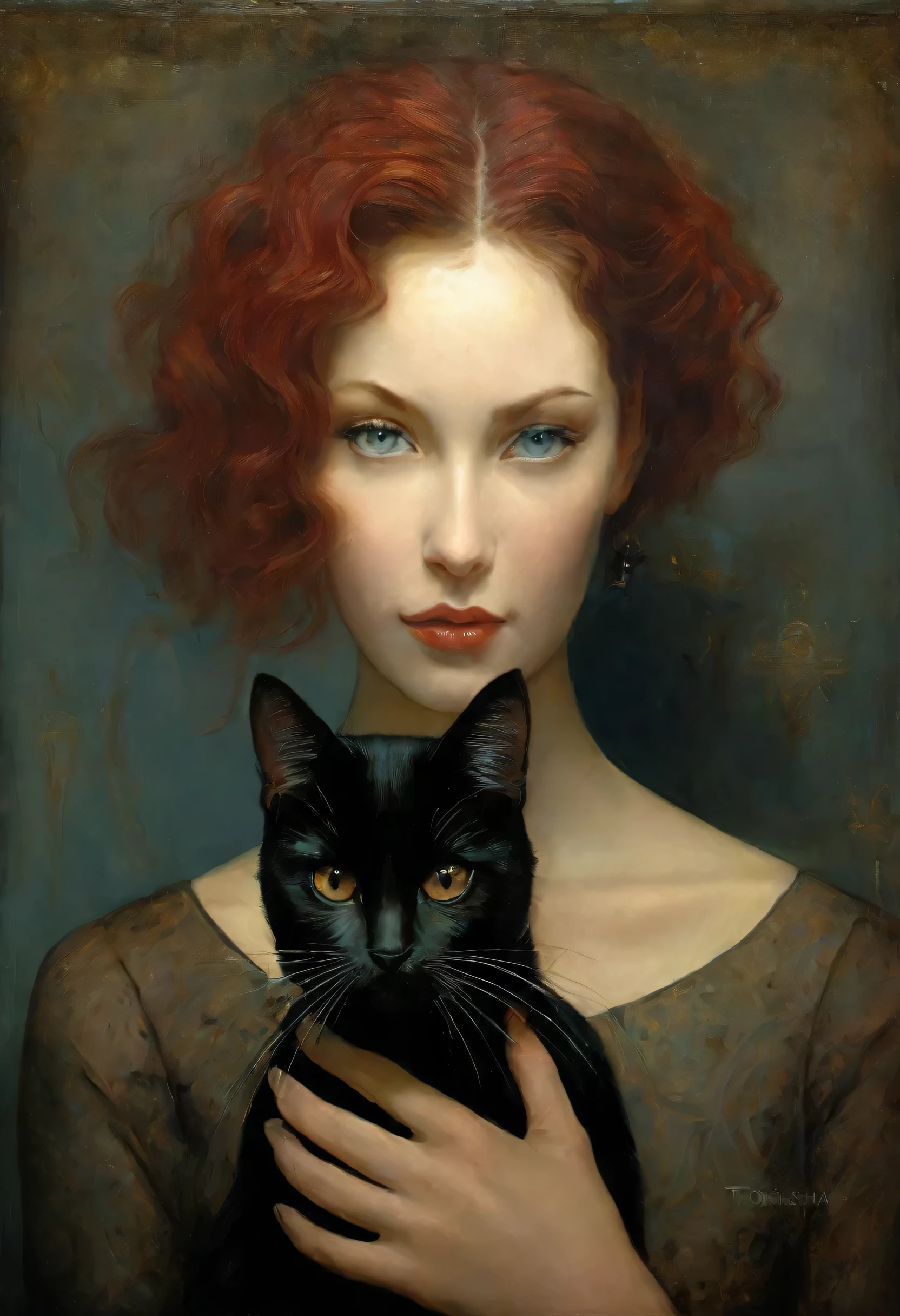 painting of a woman holding a black cat in her arms, Tom Bagshaw portrait, art Tom Bagshaw, Tom Bagshaw donato giancola, artstyle Tom Bagshaw, Tom Bagshaw artstyle, Tom Bagshaw. oil painting, Tom Bagshaw style, Tom Bagshaw ) ) ), Direction: Tom Bagshaw and boris vallejo, Direction: Tom Bagshaw