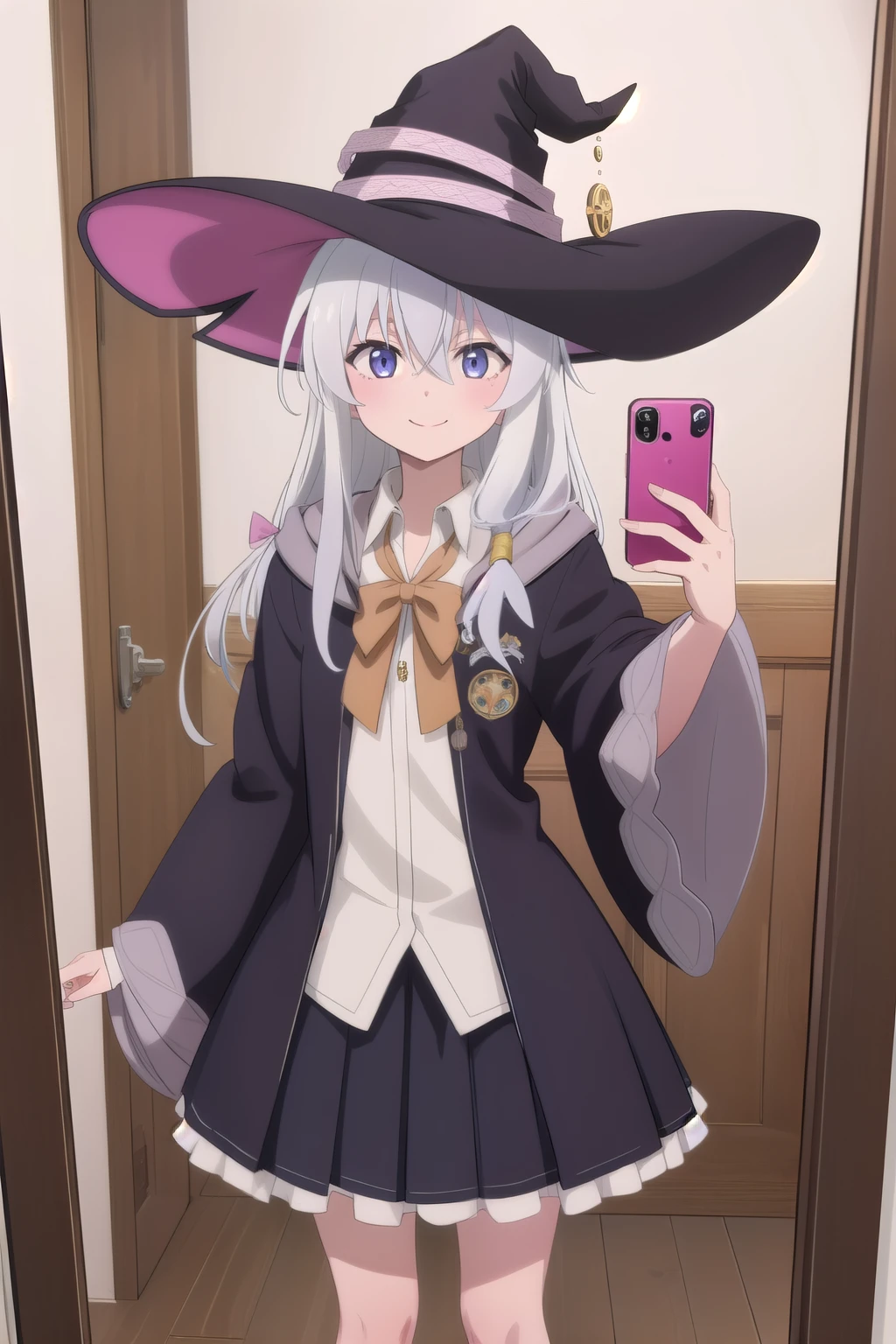 Masterpiece, hd
elaina, witch, wizard, elaina \(majo no tabitabi\), cosplay, 1girl, solo,
open robe, collared shirt, long sleeves, wide sleeves, pleated skirt, witch hat, bowtie, frilled skirt,
jewelry, badge, smile
long hair, bangs, hair between eyes, grey hair, hair ribbon, hair bow,
looking at viewer, cowboy shot, standing,
Indoor, mirror, mirror selfie, selfie, iPhone