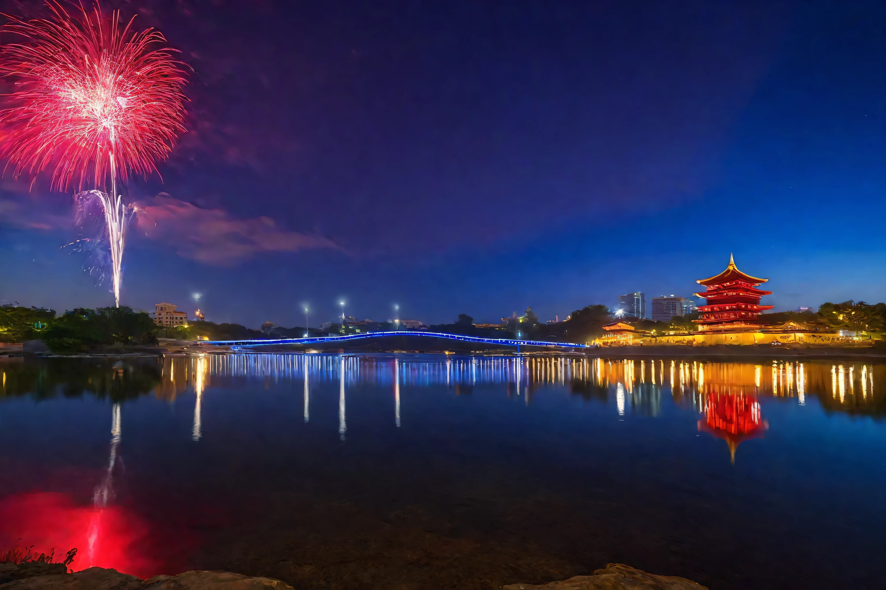 Alafed Red Bridge on the Lake,The background is a building, Photography taken at the blue hour with red and blue reflections, Night scenery,Blues Time Long Exposure Photo, Long exposure photography,Fireworks reflection at night, fireworks, Fireworks flames reflection high resolution, (Reality:1.4), reality photos, Ultra-wide-angle view, National Geographic Photo, RAW photos,Best quality),(reality,照片Reality:1.3),masterpiece,Extremely exquisite and beautiful,International Gold Award Original,Amazing,Fine details