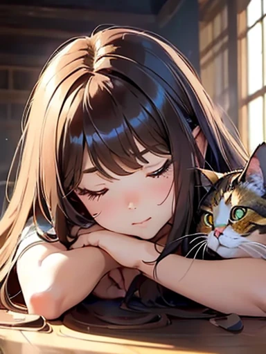 masterpiece, 最high quality, (((Girl lying face down)))、((Cat lying on head))、, Beautiful fine details, Beautiful detailed cat,, Very fine fur, Soft and fluffy, Adorable, Playful, Curious look, Long Hair Girl, Girl looking up at cat, Intricate details, high quality, 8k, Realistic, masterpiece, Natural light, Warm tones