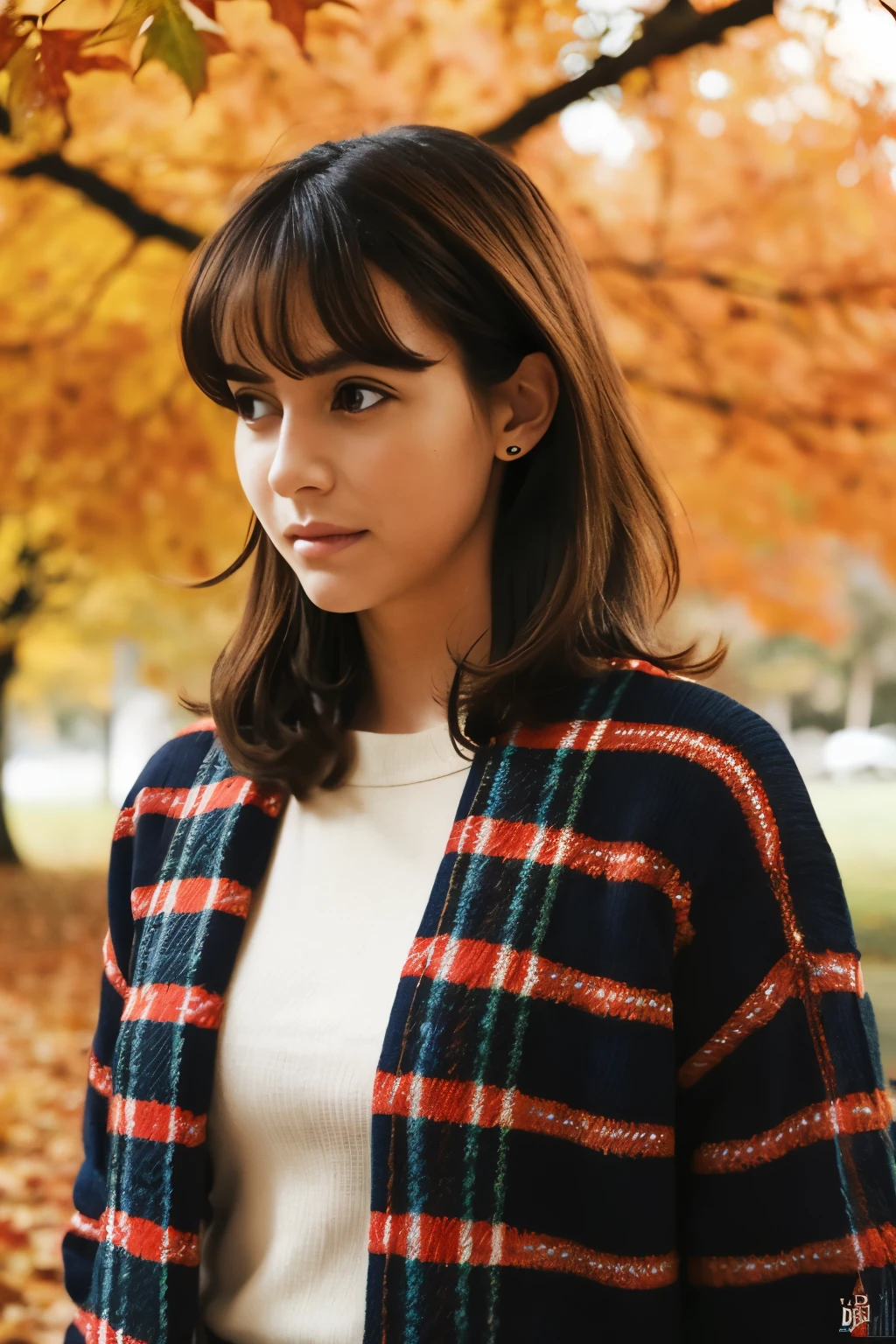 1 chica, autumn leaves, golpes, Sombreros negros, fondo borroso, Rubor, Brown eyes, by the chestnut, brown bufanda, brown falda, cardigan, café, tiro de vaquero, cup, disposable cup, beber, Hojas cayendo, gorro, tenencia, tenencia beber, hoja, pelo largo, mangas largas, mirando al espectador, open cardigan, boca abierta, tartan, tartan falda, puffy mangas largas, red Sweater, bufanda, camisa, camisa tucked in, cerraduras laterales, falda, sonrisa, solo, Sweater, white camisa, extremadamente detallado, Intrincado, obra maestra, absurdos