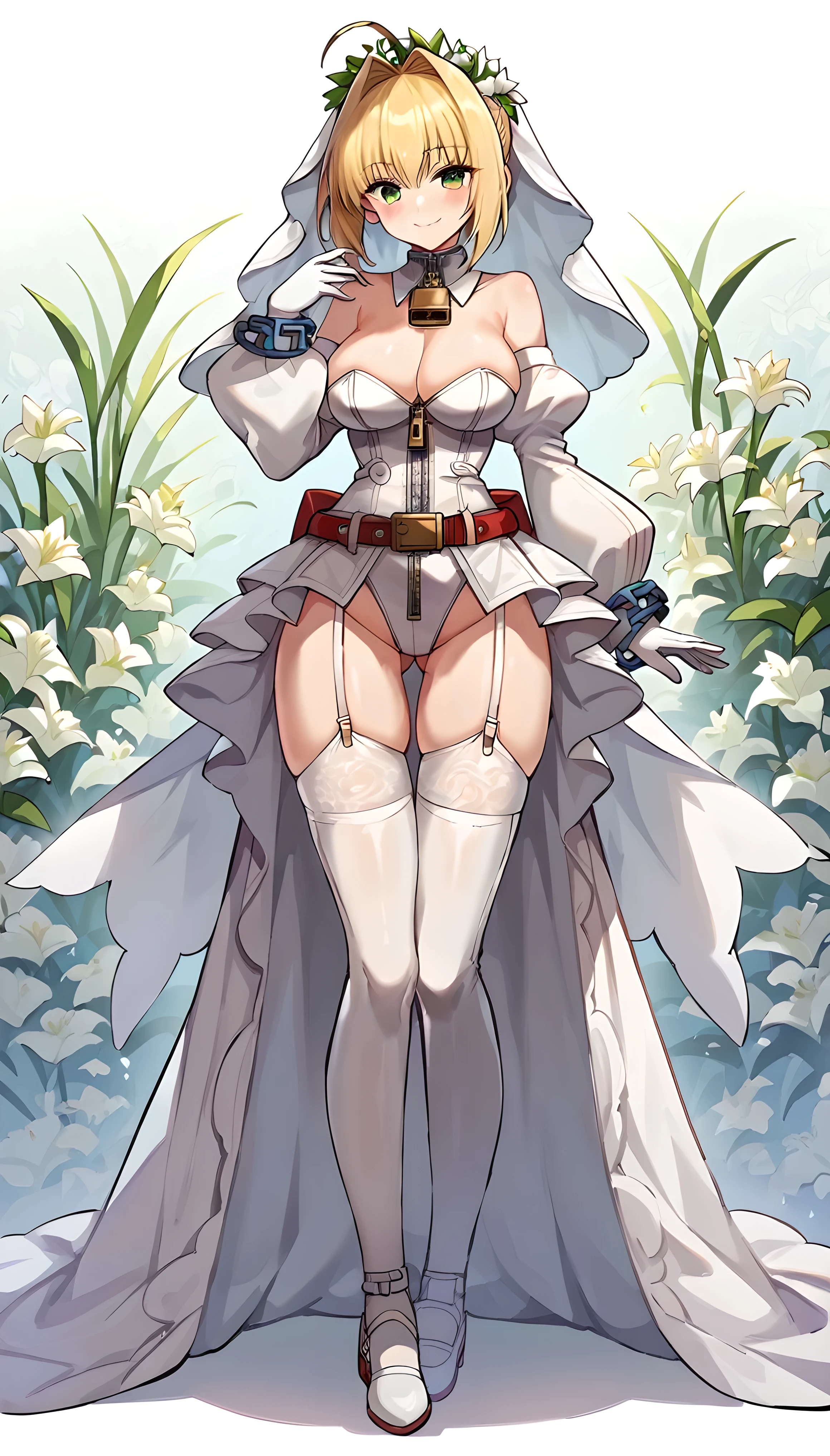 score_9, score_8_up, score_7_up, score_6_up, source anime,nero claudius \(bride\) \(fate\), nero claudius \(bride\) \(second ascension\) \(fate\), nero claudius \(fate\), 1girl, ahoge, ass visible through thighs, belt, blonde hair, breasts, bridal veil, chain, cleavage, cowboy shot, detached collar, detached sleeves, floral background, flower, garter straps, gloves, green eyes, hair intakes, leotard, lily \(flower\), lock, looking at viewer, medium breasts, short hair, smile, solo, standing, thighhighs, veil, white gloves, white leotard, white sleeves, white thighhighs, wreath, zipper, zipper pull tab, padlock, white flower, blush, closed mouth, puffy sleeves, thigh gap, bangs, hand up, long sleeves, bare shoulders, showgirl skirt, strapless leotard, strapless, full-length zipper, wide sleeves, large breasts,