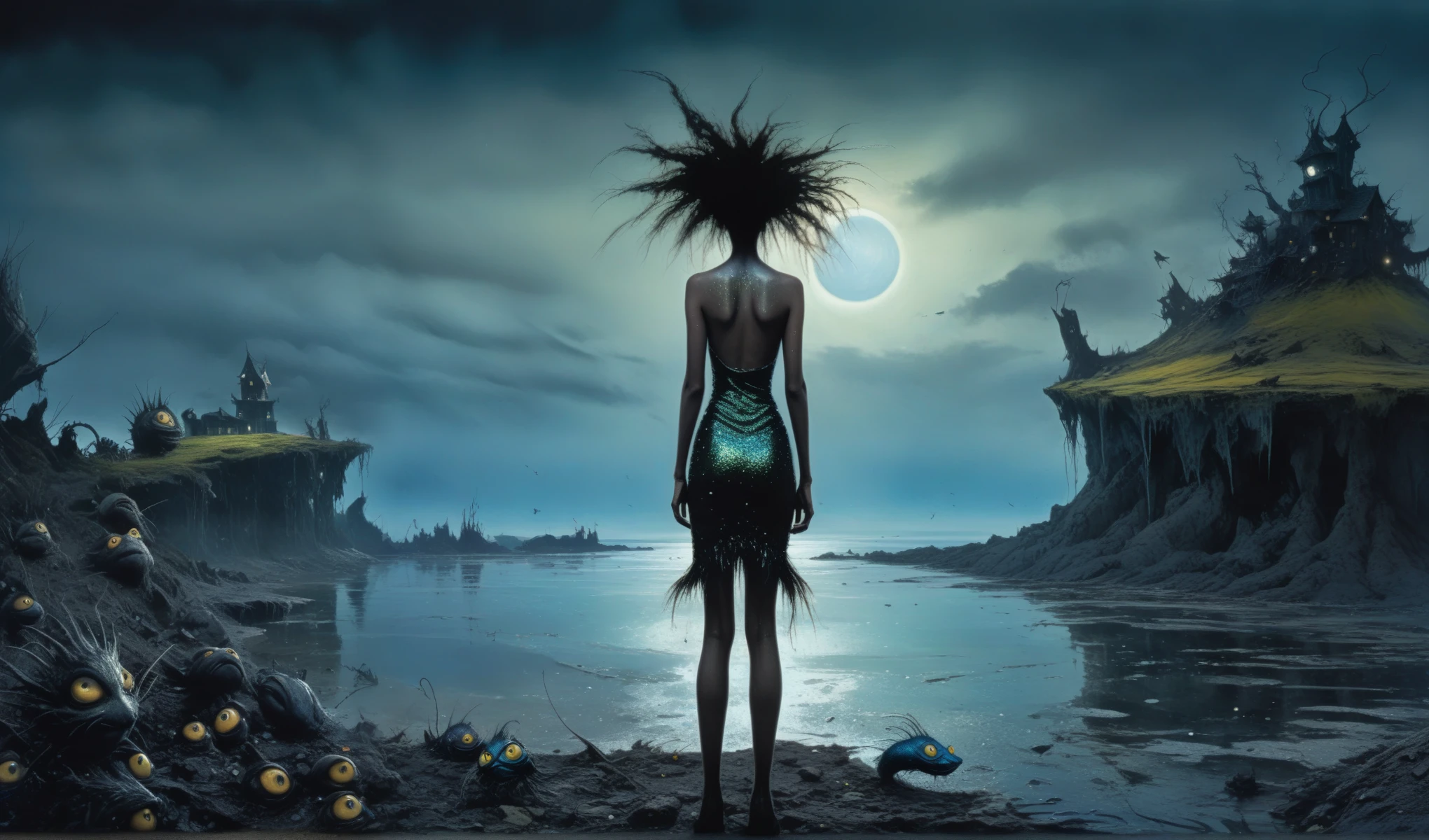 Chalcopyrite Mermaid,moana,golden black make up,longhair,goblin,freckles,pretty face,eyebrow up,full body shot,ominous landscape,glate gray atmosphere,Simon Stalenhag,Nicola Samori,Wangechi Mutu,prime colors,Lisa Frank, ,urban,extremely detailed, [night landscape],masterpiece,intricate details,faded,eyes extremely detailed, high detailed eyes,16k resolution,RAW, Nikon Z9,city on background,chinesse,pixie,sea,RAW,Retina,full body length,Obsidian Chalsedoon Nightcrawler,ominous landscape, niobium Obsidian atmosphere,dangerous atmosphere,intricate details,realistic humid skin,extremely intricate details,Epic Realistic, cinematic style,film grain,dramatic light,anatomically correct,faded,eyes extremely detailed, high detailed eyes,UHD,Retina,HDR,CinematicTechnicolor,natural skin textures, hyper realism, hyper detailed,High contrast,Realism,Ultra Detailed,irina yermolova,close full body shot, masterpiece,faded,8k resolution,RAW, Nikon Z9,Cliffs of Moher of Ireland