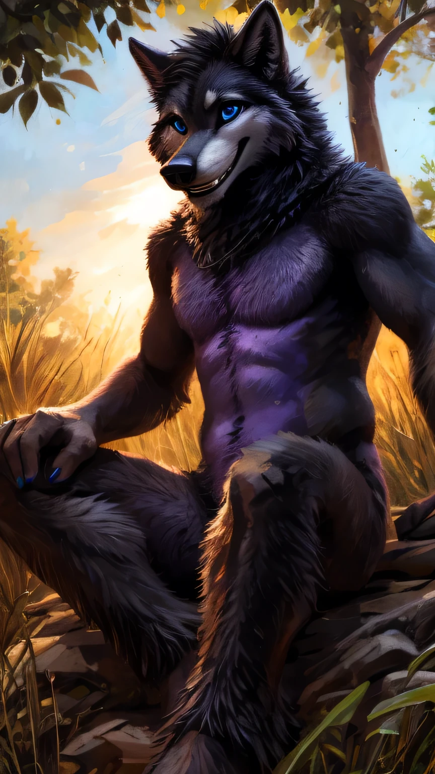 Sunlight, masterpiece, high quality,（whole body）， （teenagerfurry）,（hairy）, teenager, black Wolf, Black tail hairstyle,Purple eyebrows，blue eyes，Purple Iris Works, Have muscles, Detailed hands, Detailed feet，（Bigfoot），Blackback，Purple belly，Black arm，Black Leg，Purple Chin，Purple Neck，teal blue nails，Delicate face, Exquisite eyes, Detailed body, Flat body, Skinny,（Confident smiling emoticon），（（Showing wolf teeth））， paw, high resolution,  No shirt, No underwear, Natural background，daytime,  big eyes, Slim，（（looking directly at camera））,Kenket&#39;s Art