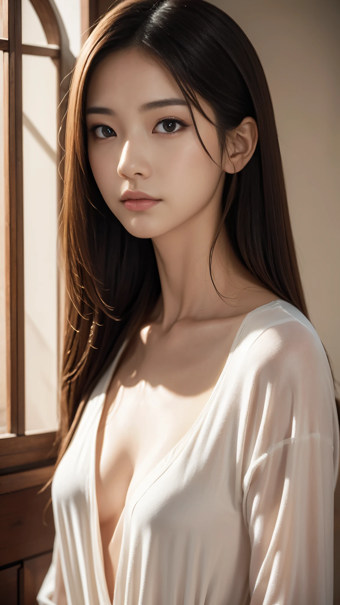 masterpiece, highest quality, Photorealistic, Super detailed, In detail, High resolution, 8k wallpaper, Professional, High level of detail, One Girl, Skinny Japanese woman, ((Look forward)), Collarbone Detail, Perfect Face, Straight hair, (Look straight at the camera)