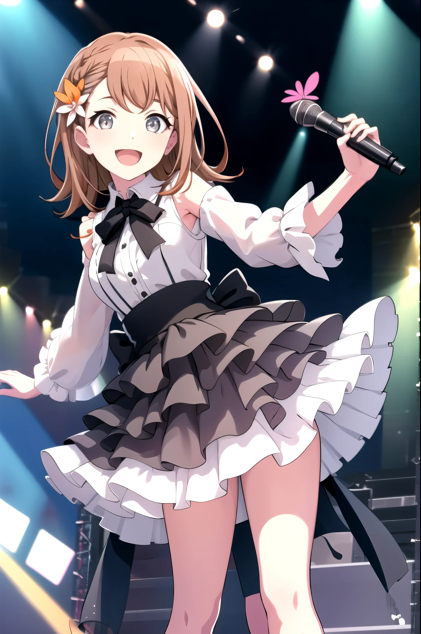 minori3rd, looking at viewer, smile, open mouth, skirt, shirt, hair ornament, bow, ribbon, holding, bare shoulders, jewelry, medium breasts, standing, white shirt, braid, hair bow, boots, frills, sleeveless, shiny, collared shirt, belt, armpits, vest, high heels, shiny hair, fingernails, dutch angle, black bow, neck ribbon, white footwear, standing on one leg, white skirt, frilled skirt, wing collar, outstretched arm, microphone, orange bow, dot nose, ankle boots, layered skirt, holding microphone, singing, idol, clover, waist bow, stage, stage lights, glowstick, clover hair ornament, idol clothes, single horizontal stripe, concert, audience