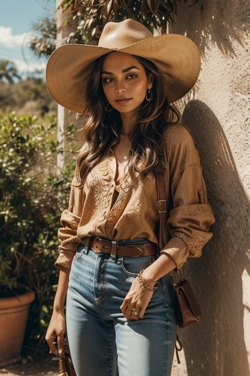 Uma mulher exuberante em estilo country. Sua pele bronzeada brilha sob o sol, olhos verdes cintilantes e cabelos loiros ondulados caem sobre os ombros. She wears a brown cowboy hat, camisa xadrez vermelha ajustada, e jeans justos desgastados, com botas de couro marrom decoradas com bordados intricados,
She's on a ranch, cercada por vastos campos verdes e uma cerca de madeira envelhecida. back, a classic red barn contrasts with the clear blue sky. Ao redor, cows graze and a brown horse rests nearby. The sunset light illuminates the scene, creating a serene and bucolic environment.