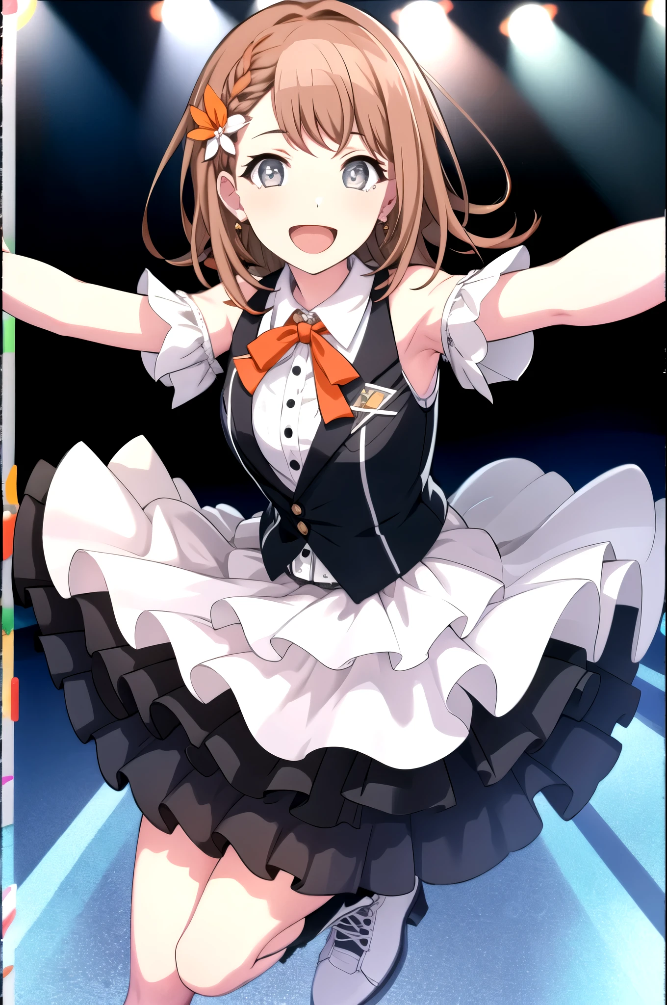 minori3rd, looking at viewer, smile, open mouth, skirt, shirt, hair ornament, bow, ribbon, holding, bare shoulders, jewelry, medium breasts, standing, white shirt, braid, hair bow, boots, frills, sleeveless, shiny, collared shirt, belt, armpits, vest, high heels, shiny hair, fingernails, dutch angle, black bow, neck ribbon, white footwear, standing on one leg, white skirt, frilled skirt, wing collar, outstretched arm, microphone, orange bow, dot nose, ankle boots, layered skirt, holding microphone, singing, idol, clover, waist bow, stage, stage lights, glowstick, clover hair ornament, idol clothes, single horizontal stripe, concert, audience