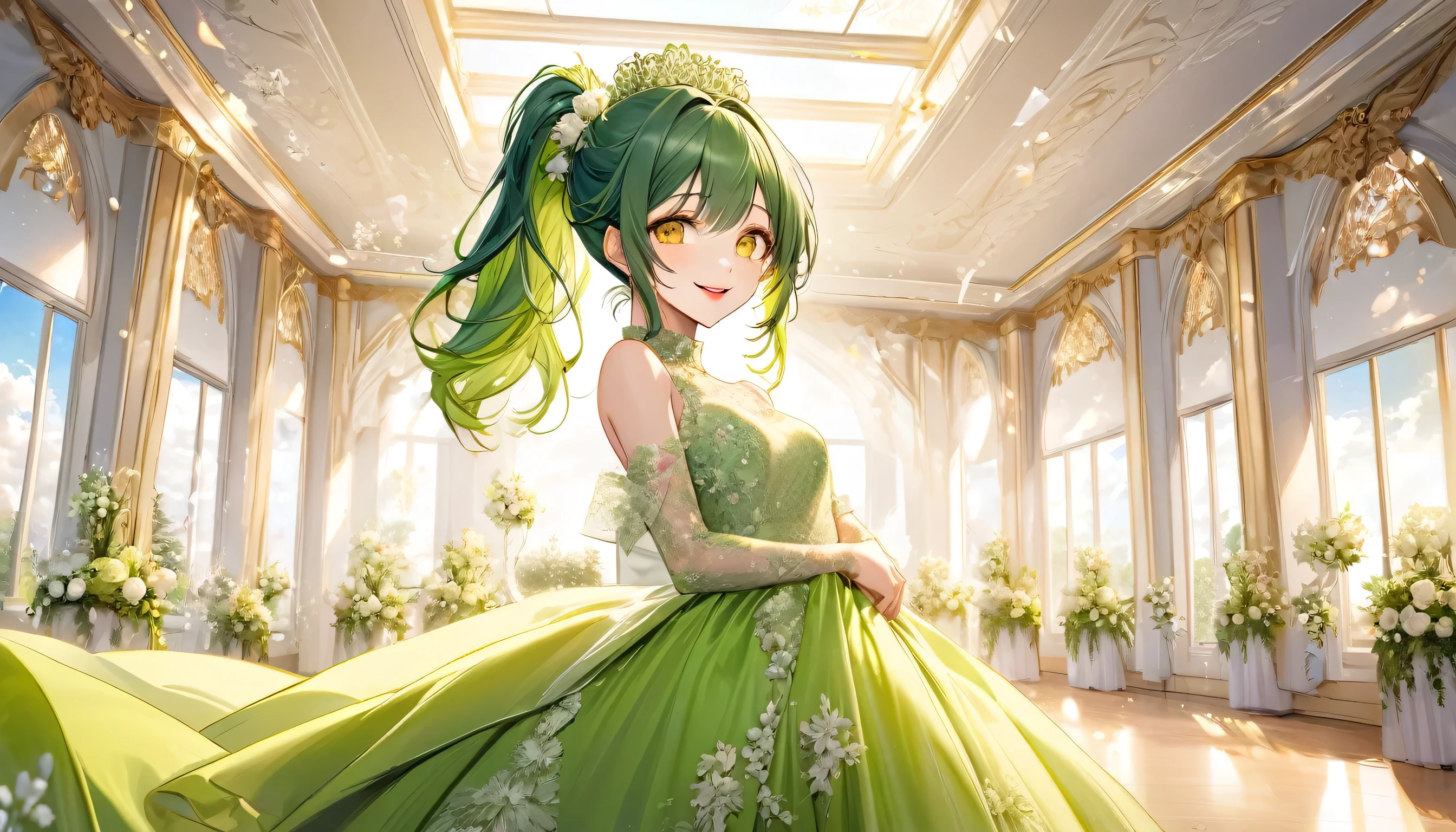 panoramic, (happy wedding reception style) (beautiful make-up) (solo ponytail green hair long hair lovely bride girl, beautiful yellow eyes, Rouge lipstick, love smile), (15 yo), (in a  immensely silk:1.2 green detailed dress), BREAK, in the wedding reception Hall in the Sky, perfect anatomy, masterpiece, best quality, 16k, beautiful detailed grow, daydreaming expression.