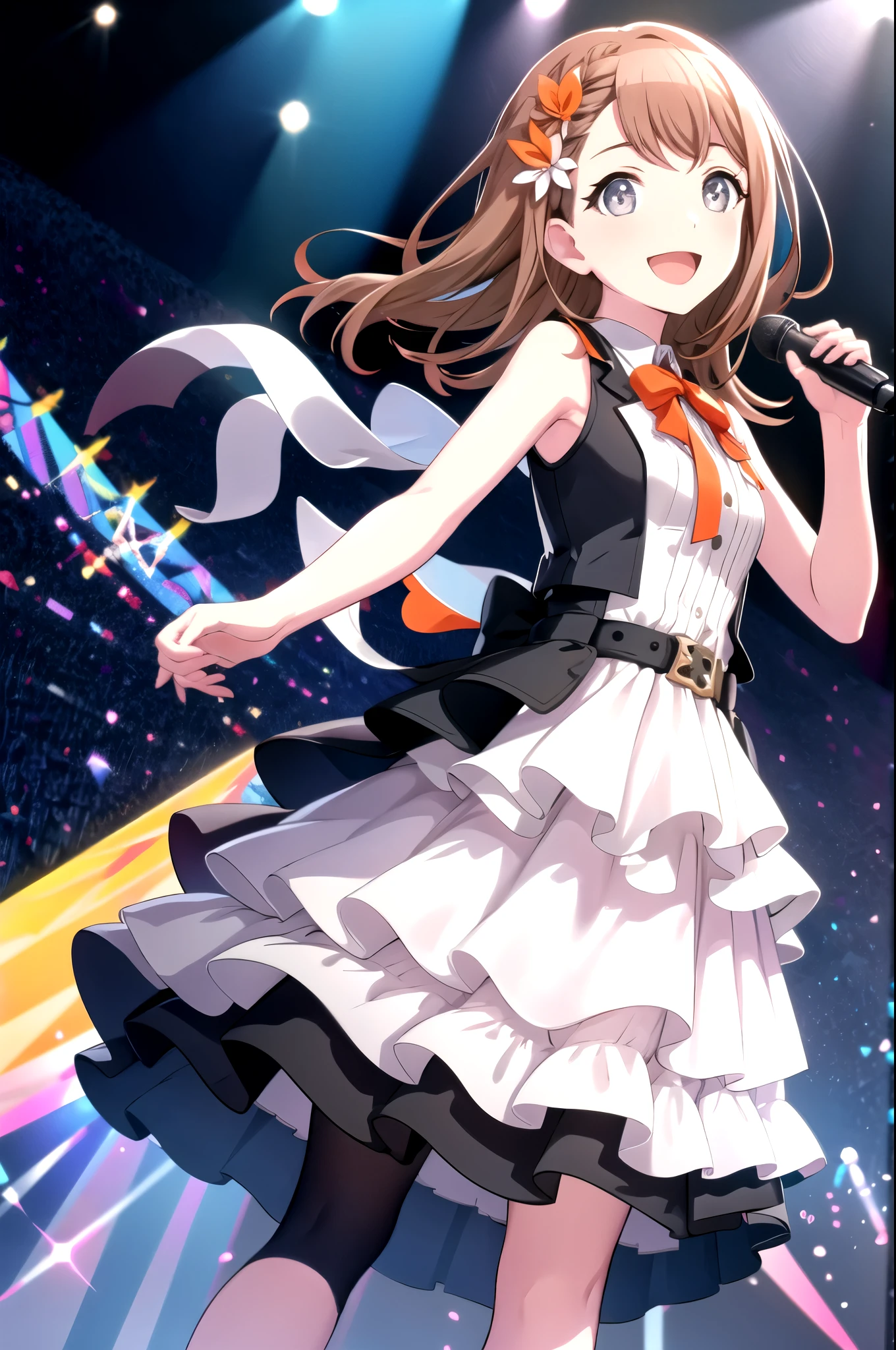 minori3rd, looking at viewer, smile, open mouth, skirt, shirt, hair ornament, bow, ribbon, holding, bare shoulders, jewelry, medium breasts, standing, white shirt, braid, hair bow, boots, frills, sleeveless, shiny, collared shirt, belt, armpits, vest, high heels, shiny hair, fingernails, dutch angle, black bow, neck ribbon, white footwear, standing on one leg, white skirt, frilled skirt, wing collar, outstretched arm, microphone, orange bow, dot nose, ankle boots, layered skirt, holding microphone, singing, idol, clover, waist bow, stage, stage lights, glowstick, clover hair ornament, idol clothes, single horizontal stripe, concert, audience