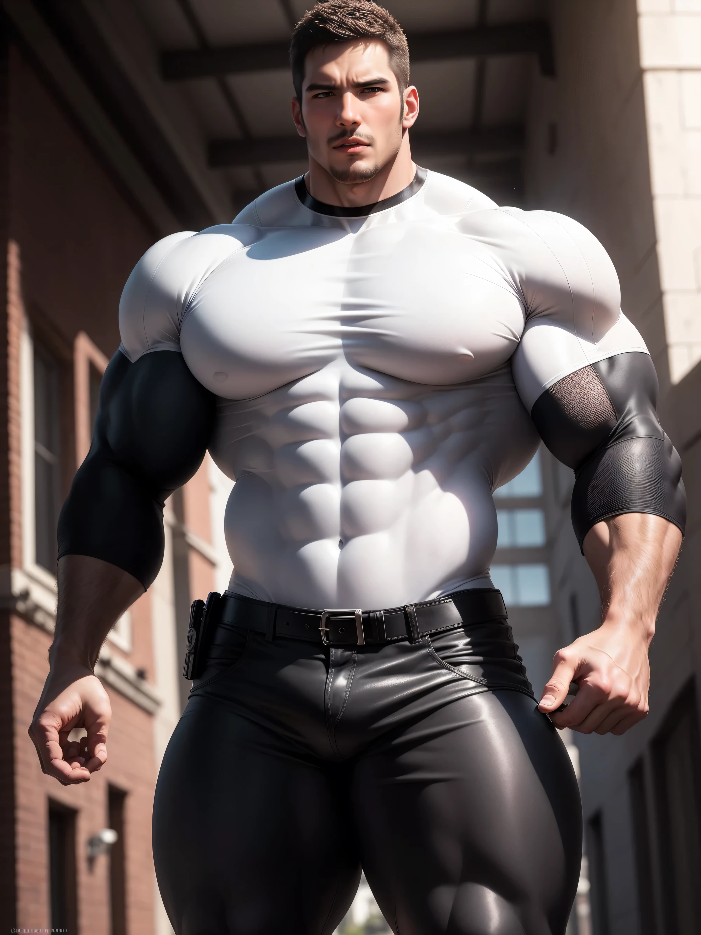 Super muscular man with open mouth moaning,  Buzz Cut，On the old-style outdoor street under the hot sun, Wear a long-sleeved cream superhero bodysuit, Thickened warm elastic texture，Clothes are very dirty with mud stains，The expression is arrogant, Thick thighs, Messy hair, Thick thighs, High collar, long sleeve, cream white superhero bodysuit, very tight, Regular symmetrical pattern, Highlight muscles, Police uniform pants, character concept（Resident Evil - Chris Redfield, Chris Redfield）A proud expression, Deep and charming eyes, Heroic male pose, tall Burly, muscular！muscular thighs, tough guy, perfect facial features, High, Burly, Heqiang, Super polished and cool, High Resolution Committee, Charismatic, The sun is blazing, dazzling