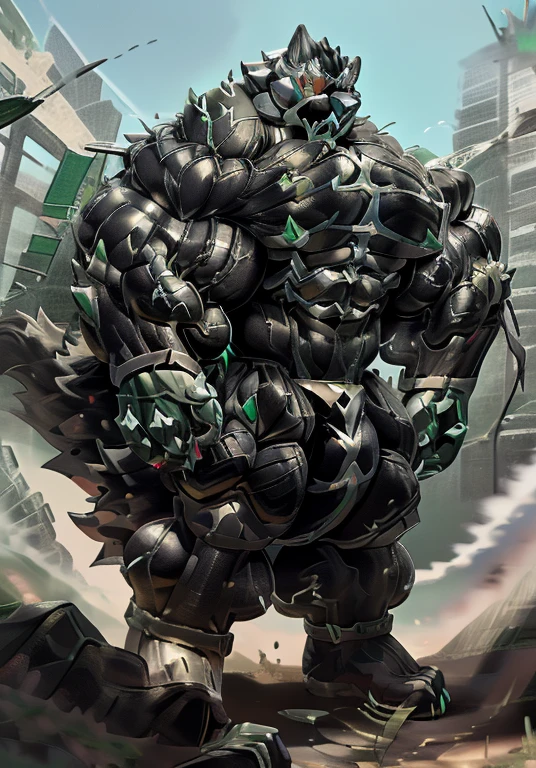 MONOMASA, (gigantic muscles), 8K, Masterpiece, highres, future fiction. Detailed head, Detailed Body, full body, Detailed abs, wearing crNanosuit, big muscle (pecs, triceps, traps) unusually developed muscular body, body full of huge muscles. showing off muscles, pectorales enormes. Exaggeratedly huge muscles. Gigachad Muscular, gigantic muscles, Colossal giant NANOSUIT over a battlefield, 
The claws are sharp,
Sharp teeth,
Spread wings, have big wings.
nj5furry, Animal paws, 50ft, micro city, nj5furry, big penis (black color), long legs,