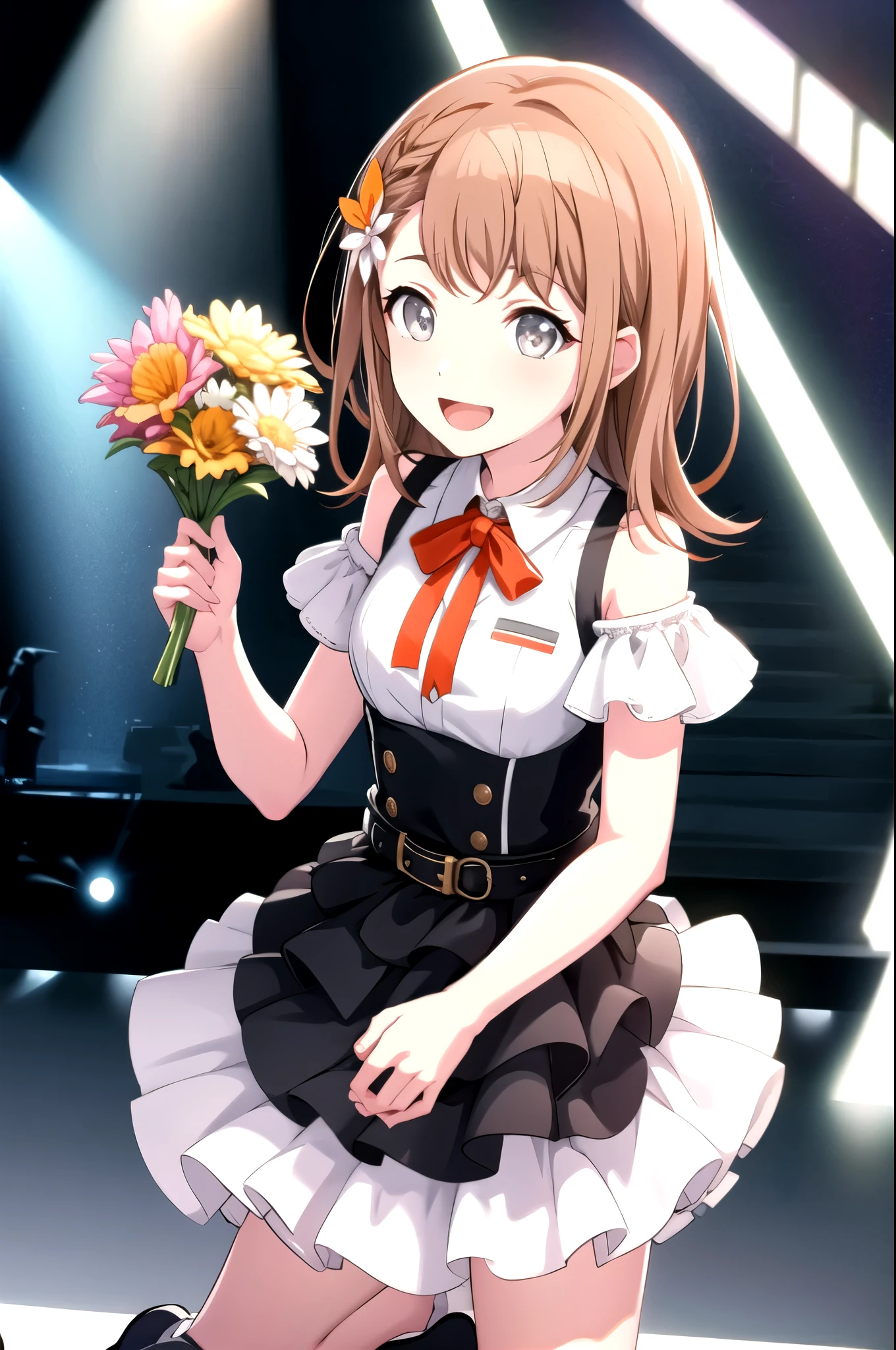 minori3rd, looking at viewer, smile, open mouth, skirt, shirt, hair ornament, bow, ribbon, holding, bare shoulders, jewelry, medium breasts, standing, white shirt, braid, hair bow, boots, frills, sleeveless, shiny, collared shirt, belt, armpits, vest, high heels, shiny hair, fingernails, dutch angle, black bow, neck ribbon, white footwear, standing on one leg, white skirt, frilled skirt, wing collar, outstretched arm, microphone, orange bow, dot nose, ankle boots, layered skirt, holding microphone, singing, idol, clover, waist bow, stage, stage lights, glowstick, clover hair ornament, idol clothes, single horizontal stripe, concert, audience