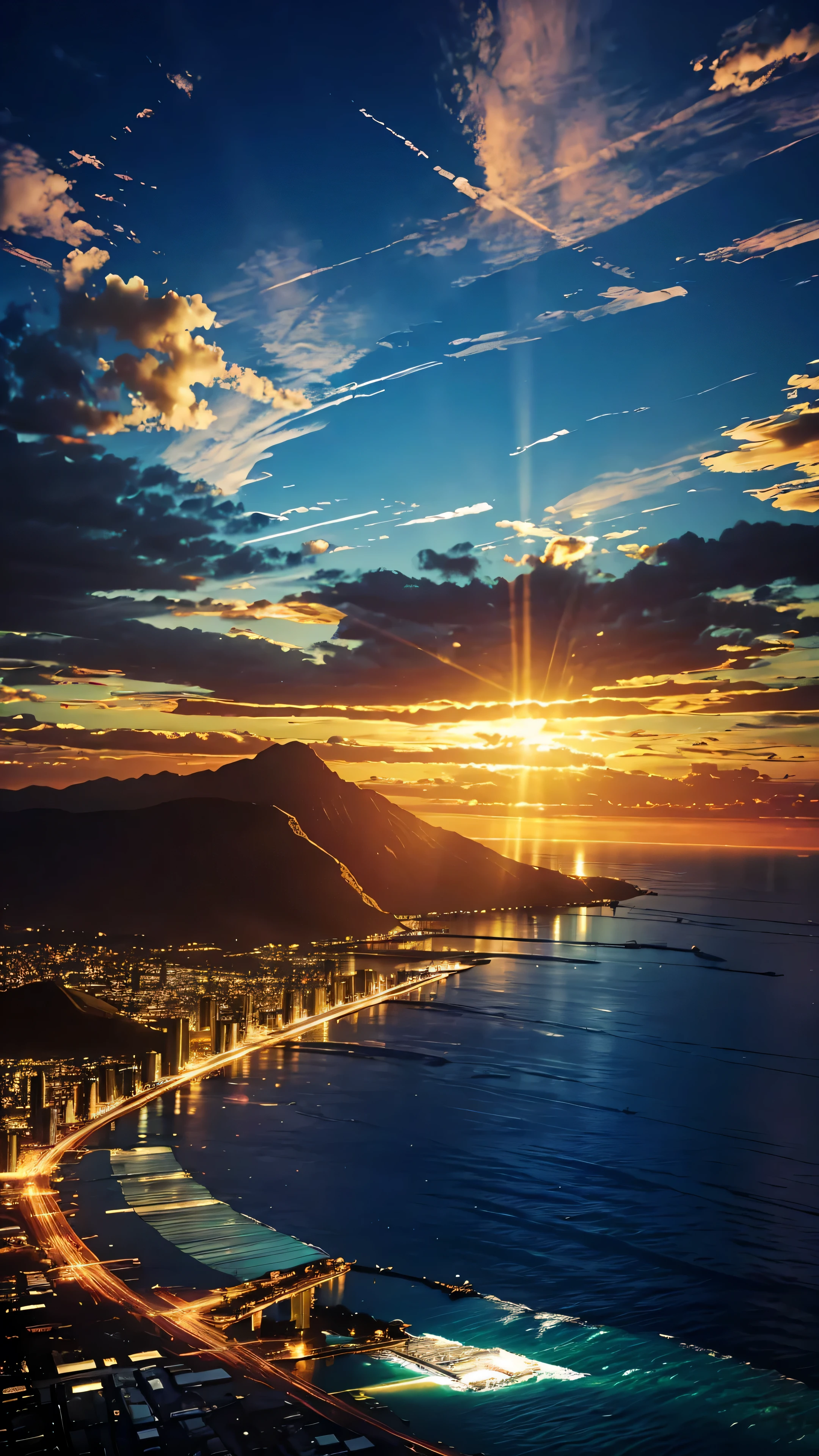 (Ultra-realistic:1.2), High resolution, (Bright colors, High resolution:1.1), (Sharp focus:1.1), (Physically Based Rendering:1.1), Tyndall effect, Colorful lights, (((Light shines through the gaps in the clouds))), Beautiful perspective, Contrasting Shadows, Dynamic configuration, Realistic landscape, unique configuration, Soft texture, Intricate details, Mysterious atmosphere, An artistic exploration of light and shadow,Angel Ladder、Golden dazzling light、Sunlight reflecting off the ocean surface
