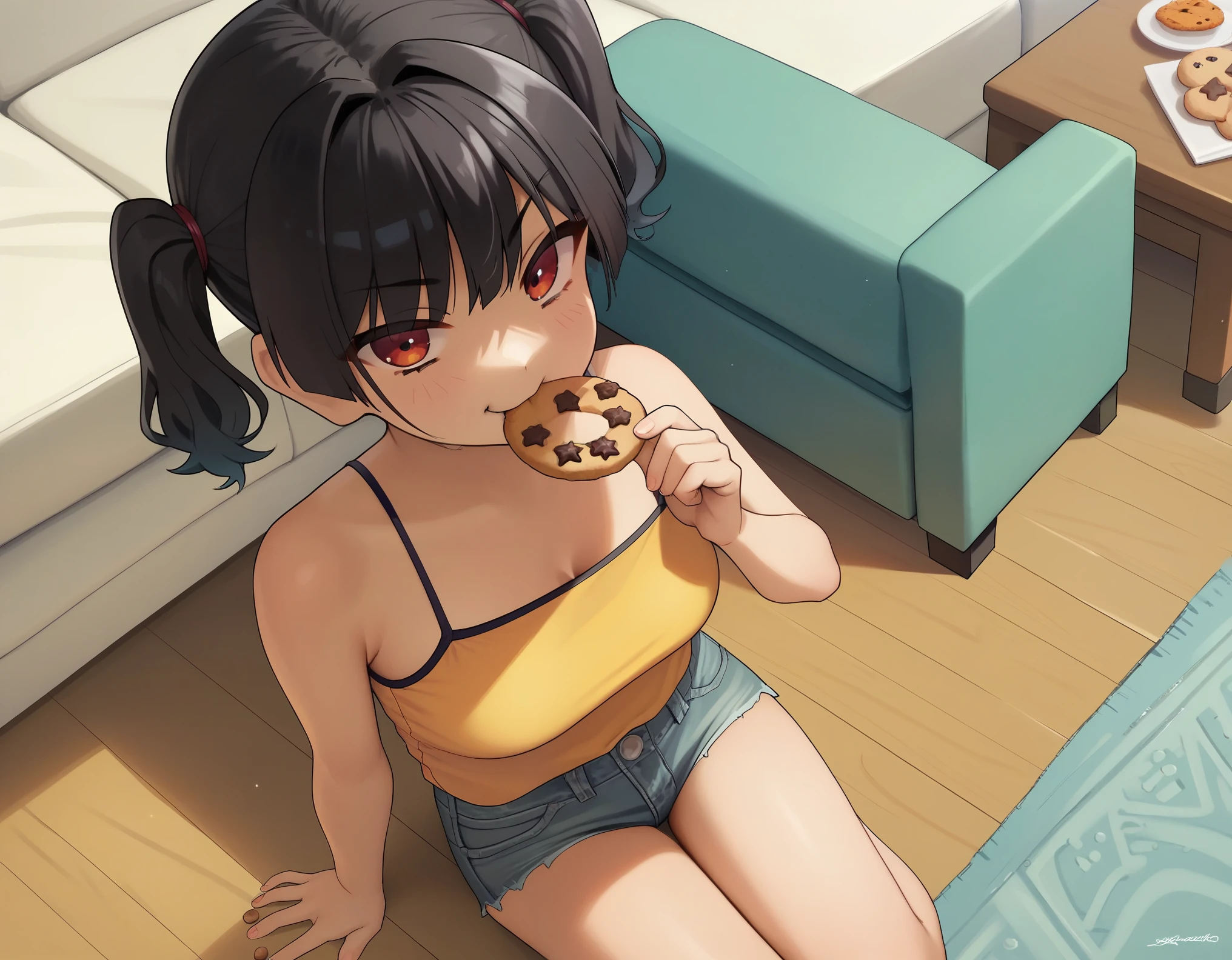 score_9, score_8_up, score_7_up, score_6_up, rating_safe, a girl in a living room, sitting, summer, eating cookies, smug, kadlystyl , sasaki kanna \(kaedeko\), short twintails, spaghetti strap , yellow crop top, denim shorts, dutch angle, from above, biting,