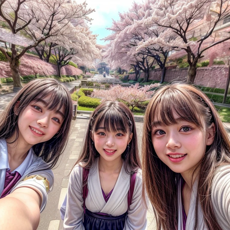 ((Panoramic group photo of NOGIZAKA schoolgirls looking down at the camera and Surrounding)) . (highest quality, High resolution, masterpiece, realistic:1.2),(HDR, Bright colors), beautiful face, detailed facial features, pose for a photo, (close:1.3, seen from below:1.4), (Sky background with CherryBlossoms:1.4) . BREAK Extremely Detailed KAWAII face variations, captivating gaze, elaborate detailed Eyes with (sparkling highlights:1.2), long eyelashes、Glossy RED Lips with beautiful details, Coquettish tongue, Rosy cheeks, Glistening ivory skin . (Dynamic joyful expressions | :D), Childish .