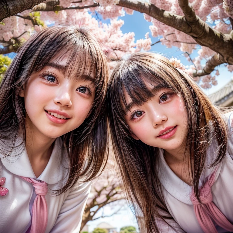 ((Panoramic group photo of NOGIZAKA schoolgirls looking down at the camera and Surrounding)) . (highest quality, High resolution, masterpiece, realistic:1.2),(HDR, Bright colors), beautiful face, detailed facial features, pose for a photo, (close:1.3, seen from below:1.4), (Sky background with CherryBlossoms:1.4) . BREAK Extremely Detailed KAWAII face variations, captivating gaze, elaborate detailed Eyes with (sparkling highlights:1.2), long eyelashes、Glossy RED Lips with beautiful details, Coquettish tongue, Rosy cheeks, Glistening ivory skin . (Dynamic joyful expressions | :D), Childish .