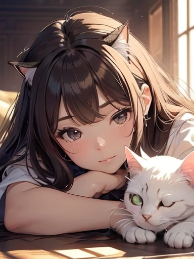 masterpiece, 最high quality, (((Girl lying face down)))、((Cat lying on head))、, Beautiful fine details, Beautiful detailed cat,, Very fine fur, Soft and fluffy, Adorable, Playful, Curious look, Long Hair Girl, Girl looking up at cat, Intricate details, high quality, 8k, Realistic, masterpiece, Natural light, Warm tones