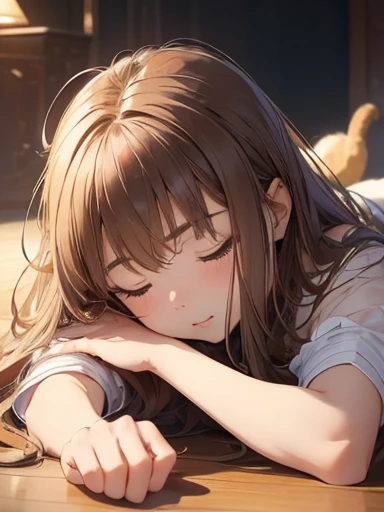 masterpiece, 最high quality, (((Girl lying face down)))、((Cat lying on head))、, Beautiful fine details, Beautiful detailed cat,, Very fine fur, Soft and fluffy, Adorable, Playful, Curious look, Long Hair Girl, Girl looking up at cat, Intricate details, high quality, 8k, Realistic, masterpiece, Natural light, Warm tones