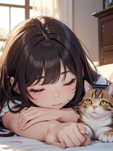 masterpiece, 最high quality, (((Girl lying face down)))、((Cat lying on head))、, Beautiful fine details, Beautiful detailed cat,, Very fine fur, Soft and fluffy, Adorable, Playful, Curious look, Long Hair Girl, Girl looking up at cat, Intricate details, high quality, 8k, Realistic, masterpiece, Natural light, Warm tones