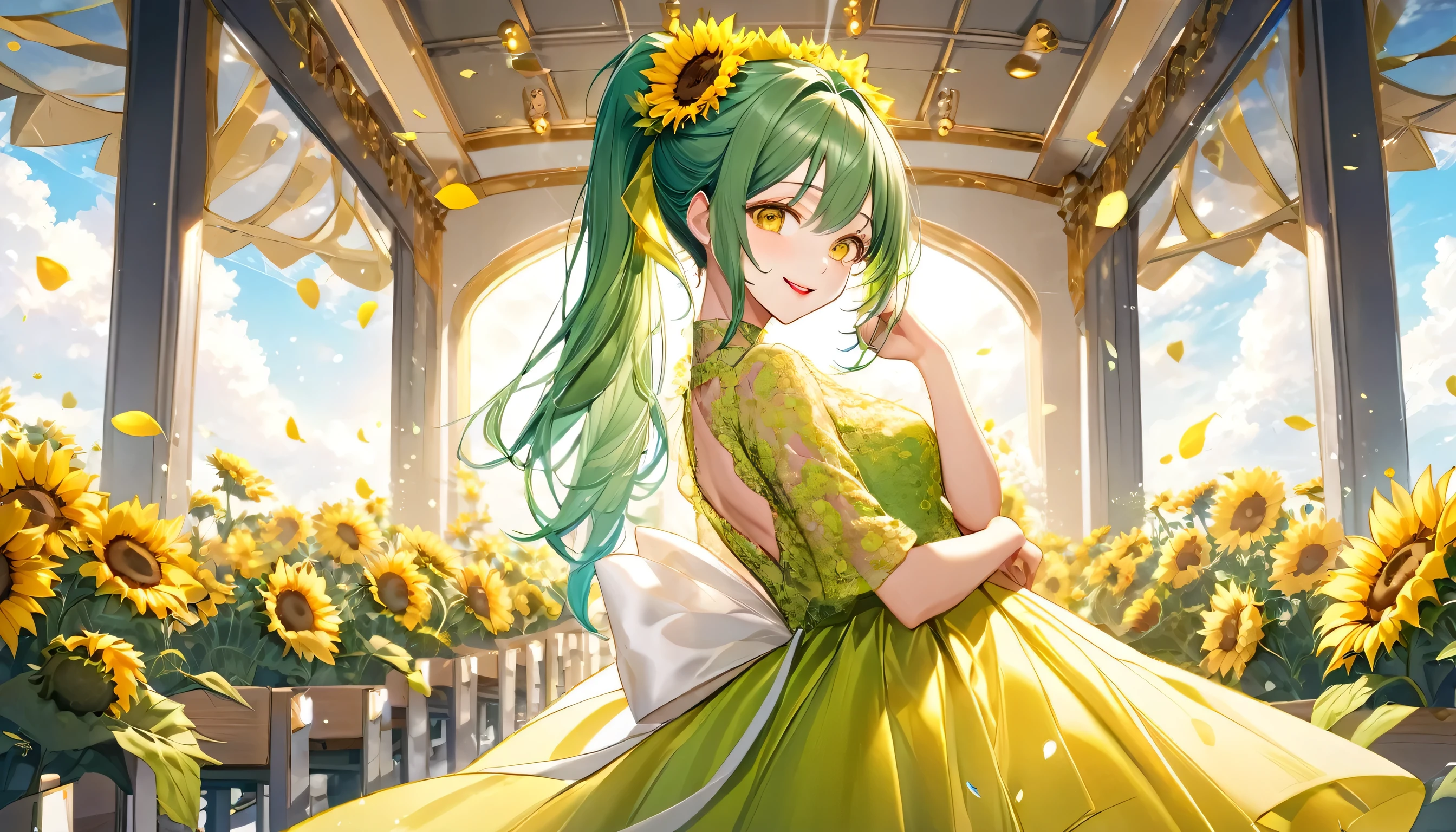 panoramic, (happy wedding reception style) (beautiful make-up) (solo ponytail green hair long hair lovely bride girl, beautiful yellow eyes, Rouge lipstick, love smile), (15 yo), (in a yellow sunflower:1.2 immensely silk:1.2 green detailed dress), BREAK, in the Ceremony Hall in the Sky, perfect anatomy, masterpiece, best quality, 16k, beautiful detailed grow, daydreaming expression.