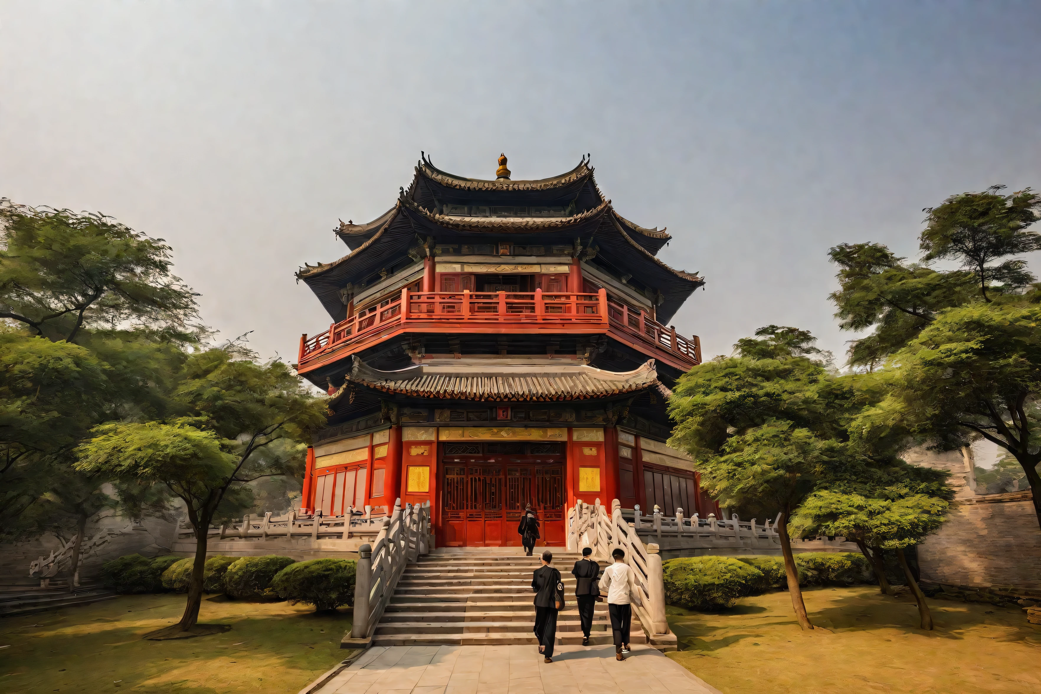 araffes walking up a set of stairs in front of a pagoda, ancient Chinese Architecture, Chinese Architecture, Chinese Architecture, Taoist temple and monks, with a Chinese temple, Tang Dynasty Palace, Chinese temple, Chinese Palace, Ancient Chinese Tower, Hangzhou, Photo showing, pagoda, Buddhist monasteries, hou china
